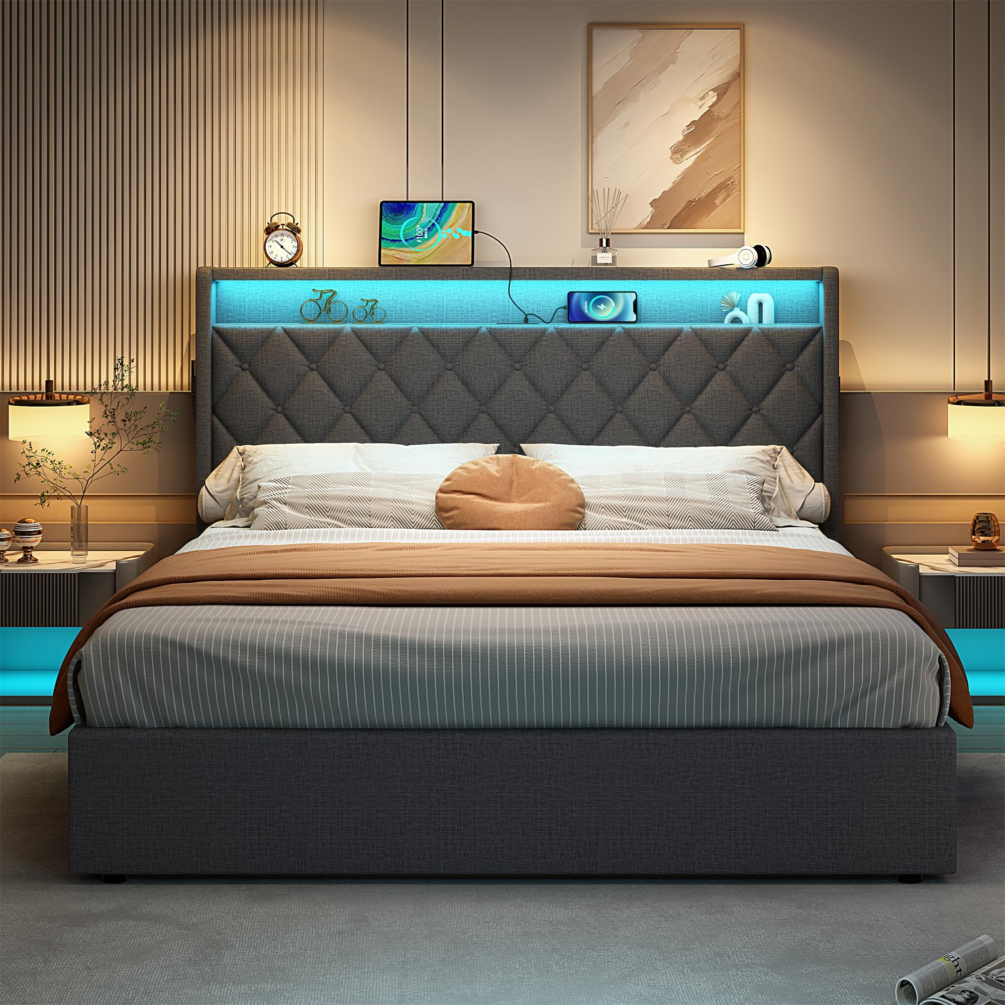 Jovify Upholstered Ottoman Bed, 4ft6 Double Bed Frame with Storage&LED&USB, Gas Lift Up Storage Bed Hydraulic Upholstered Bed with Button Tufted Storage Headboard&Slats, Linen, No Mattress, Grey โ image 1
