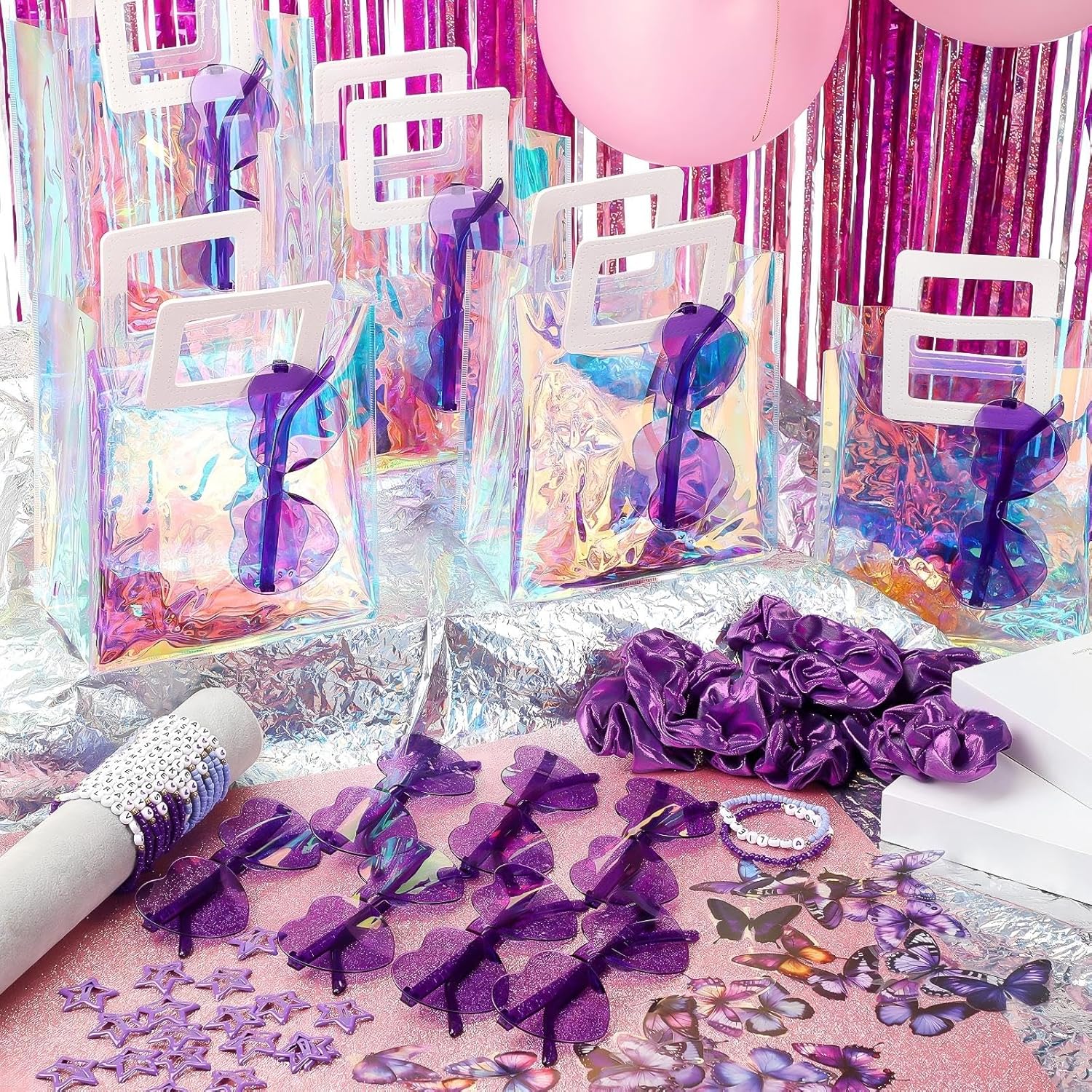 Geiserailie 146 Pcs/12 Set Kpop Party Favors Friendship Gifts Include Bead Bracelets Heart Sunglasses Scrunchies Clips Stickers Gift Bags for Popular Singer Party Favors Y2k Fans Birthday(Purple)