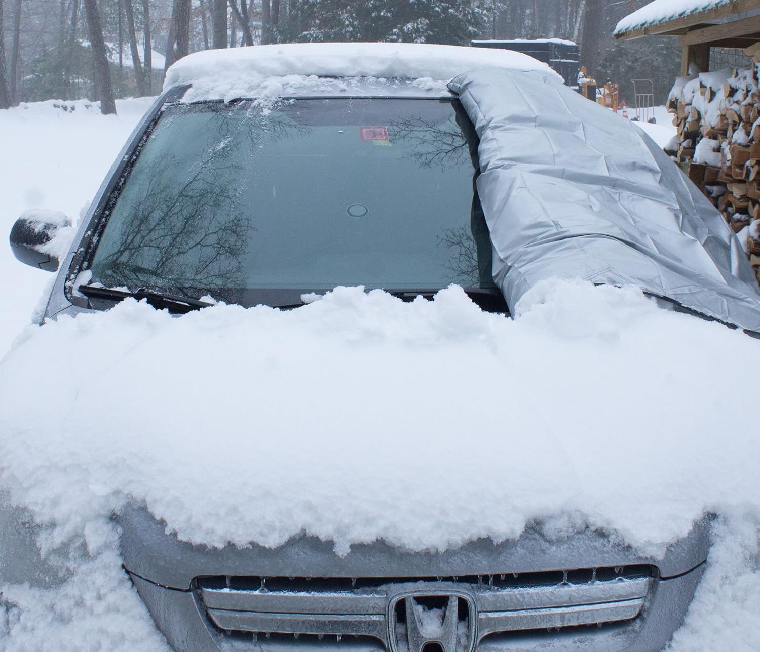Extra Large Windshield Snow Ice Cover - Fit Any Car SUV Truck Van - Windproof Straps, Wings, Suction Cups, Magnets - Plus Demist Cloth + Blanket - Winter Outdoor Hood Covers