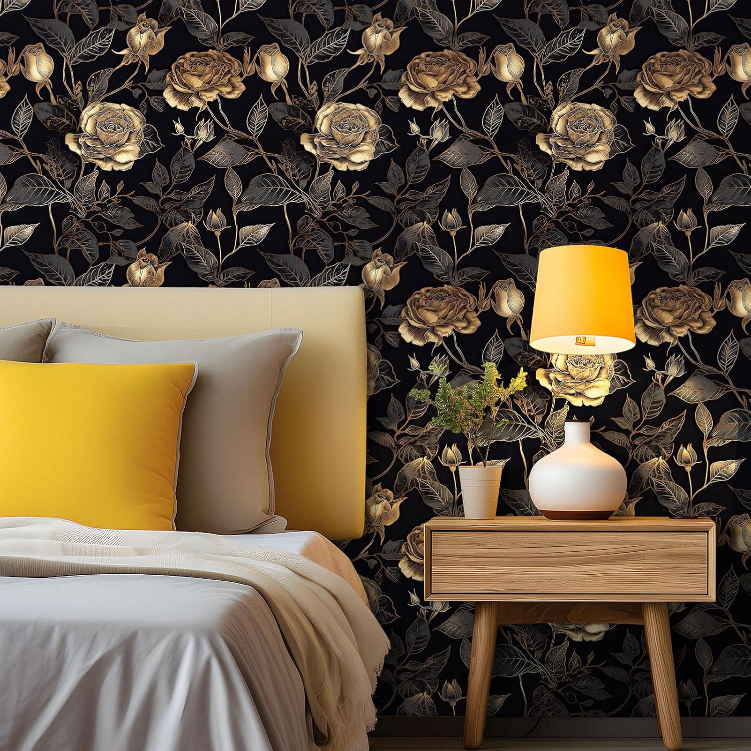 ReWallpaper Black Floral Wallpaper Removable Black and Gold Wall Paper Peel and Stick Bedroom 17.5inX23ft Moody Dark Floral Wallpaper Vintage Gold Rose Flower Wall Decor Living Room Bathroom Walls