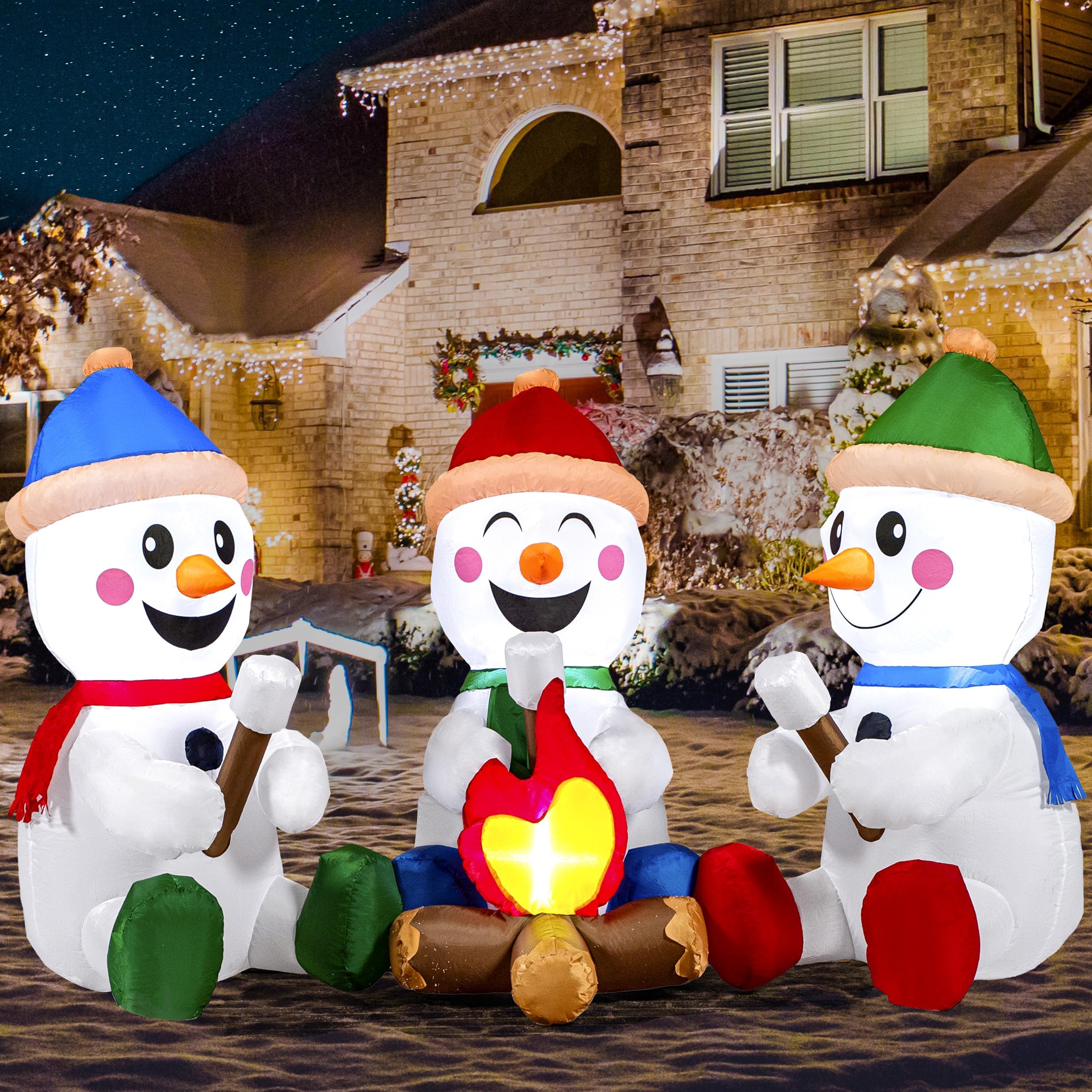 6 FT Christmas Snowman Inflatable Outdoor Decoration, Snowman Blow Up Inflatables for Xmas Party, Shinny for Party Indoor, Outdoor, Yard, Garden, Lawn (3 Small Snowmen with Campfire)