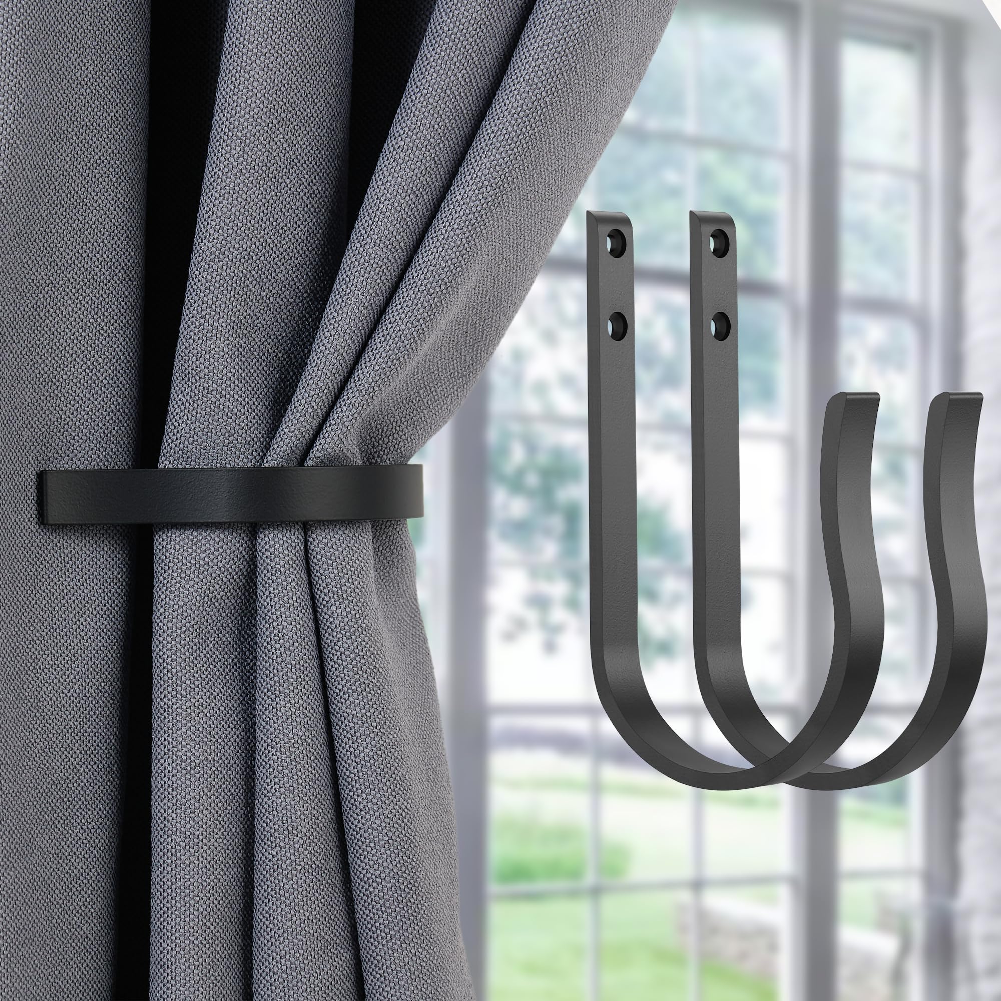 BlackCurtain Drapery Holdbacks,2Pcs Solid Aluminum U Shaped Wall Mounted Curtain Tiebacks