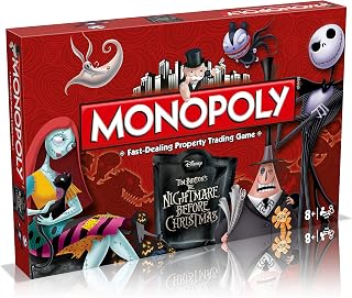 Winning Moves Nightmare Before Christmas Monopoly Board Game, Join the Pumpkin King and advance to the Guillotine Courtyard and Lock, Shock and Barrel’s Treehouse, makes a great gift for ages 8 plus