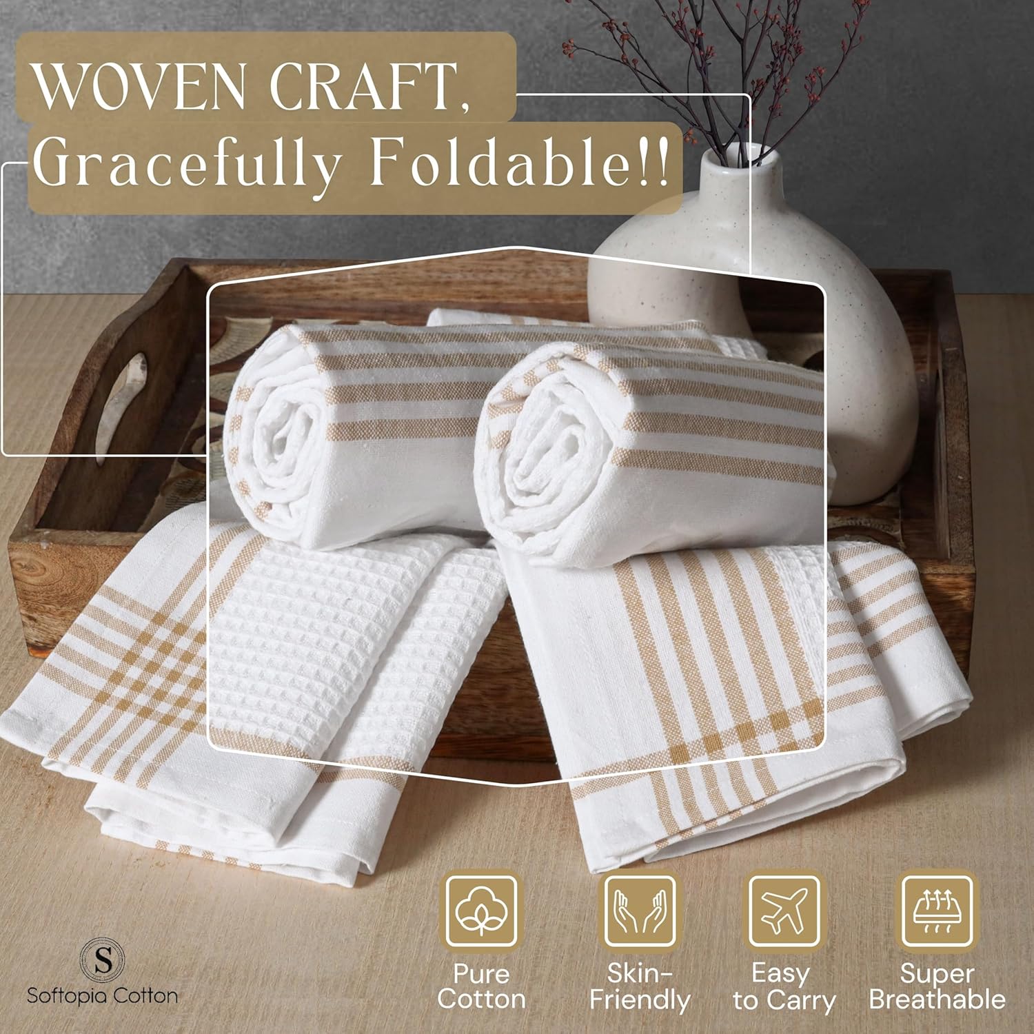 Waffle White & Beige Kitchen Dish Towels 12 Pack, 100% Cotton, 16x26 inches, Durable Dish Cloths Set, Quick Dry Kitchen Rags, Everyday Use Cooking and Cleaning Hand Towels, Bar Towel - Image 3