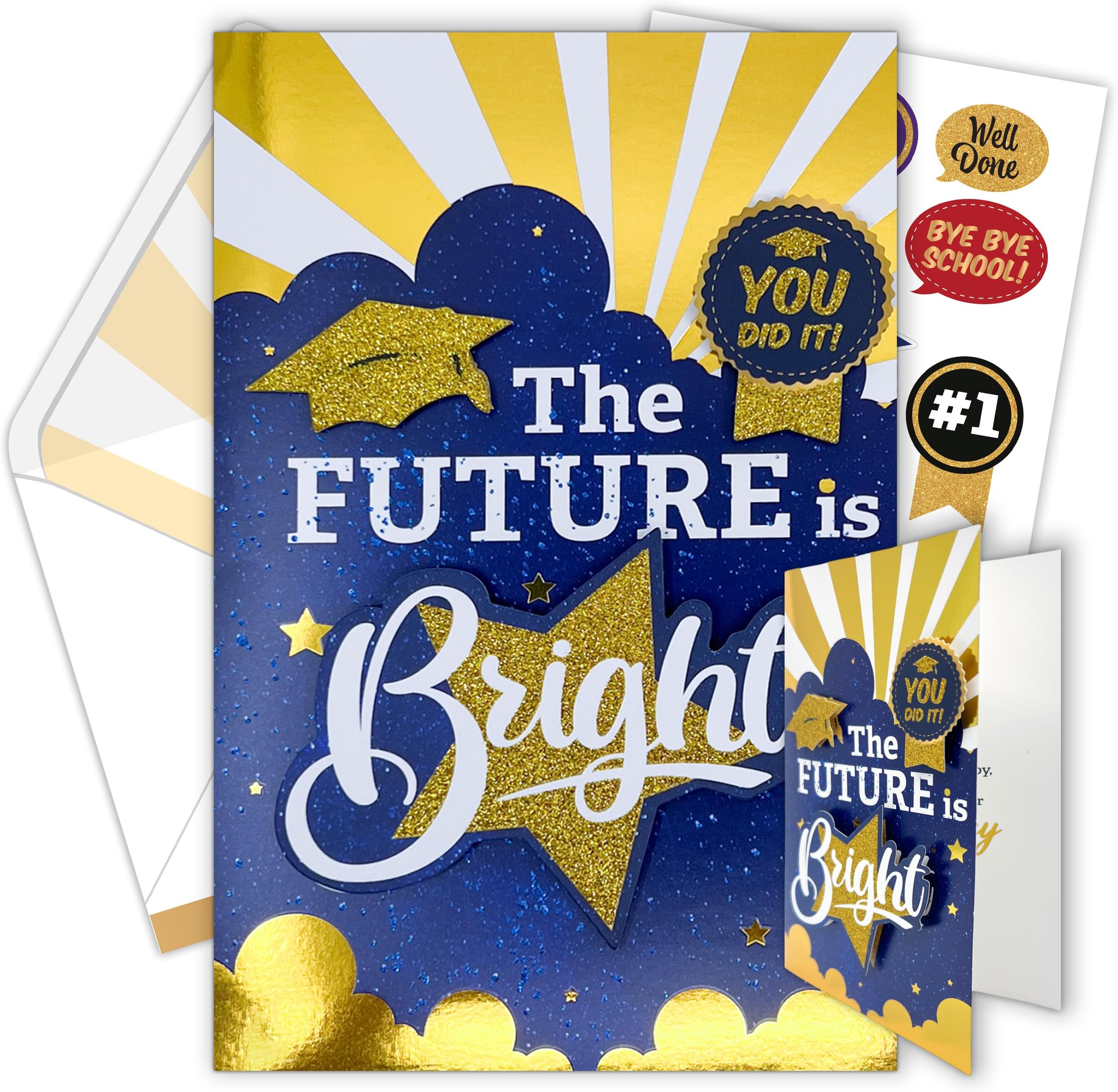 Gold Foil & Glittery College Graduation Card Set with Sparkly Graduation Cutouts, 5x8in Congrats Grad Card with Envelope & Stickers, High School Graduation Card with Printed Message, College Grad Card
