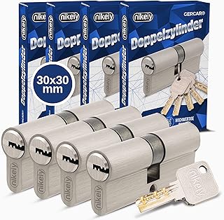 GERCAR Pro Profilzylinder 30/30 Massiver Schließzylinder gleichschließend 4er Set Doppelzylinder Zylinderschloss - Messing matt - inkl. 10 Schlüssel - Wendeschlüssel - Länge: 60 mm, A:30 B:30-4x