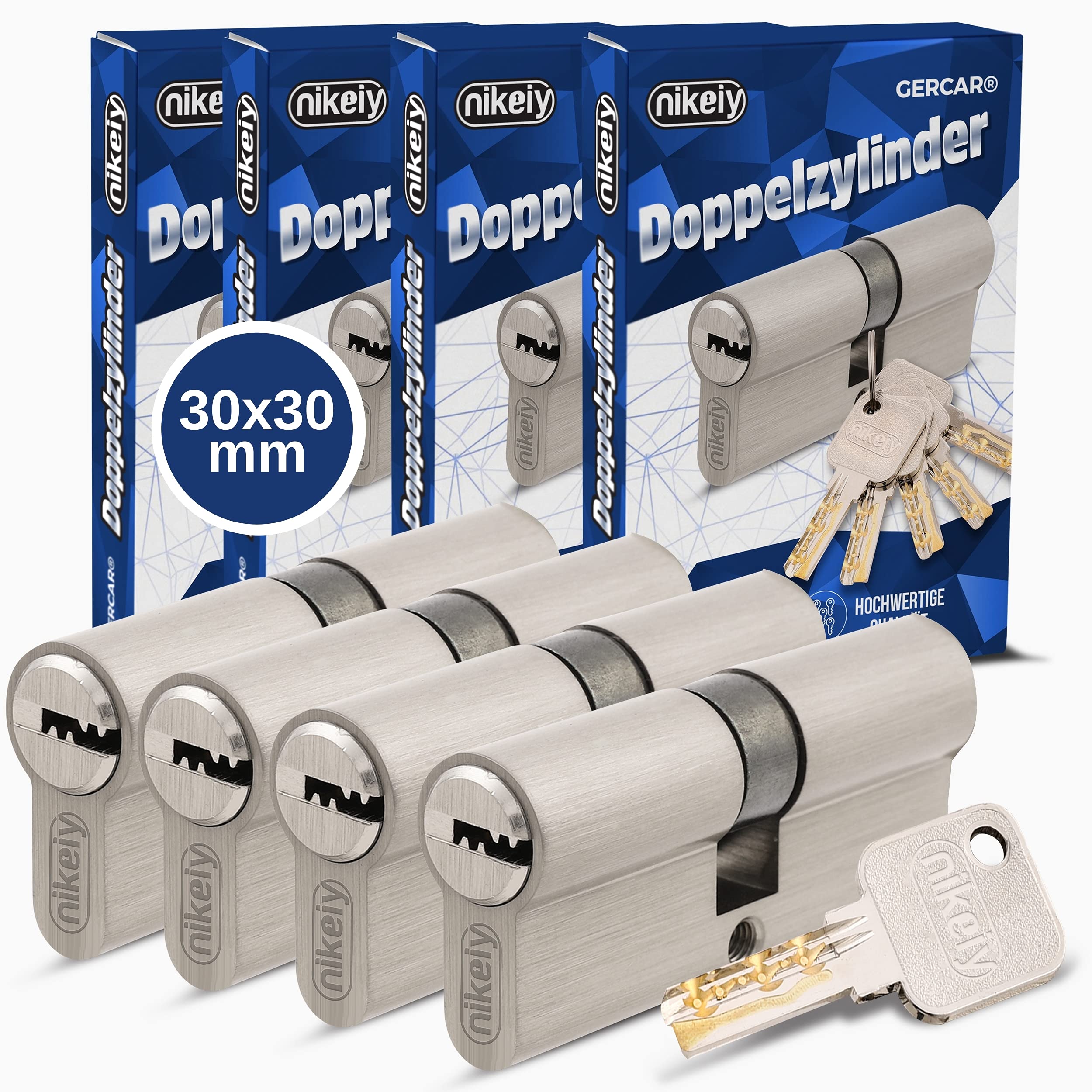 GERCAR Lot de 4 cylindres profilés Pro - 30/30 - Massifs - Serrure à cylindre double - En laiton mat - Avec 10 clés - Clé réversible - Longueur : 60 mm, A : 30 B : 30 - 4 x