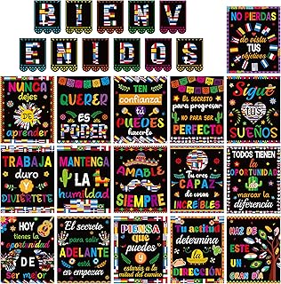 WATINC Spanish Classroom Poster Decor - 27PCS Hispanic Bienvenidos Motivational Science Banner Bulletin Board Decoration Set, Spanish Heritage Month Wall Inspirational Cutout Border for Latin American