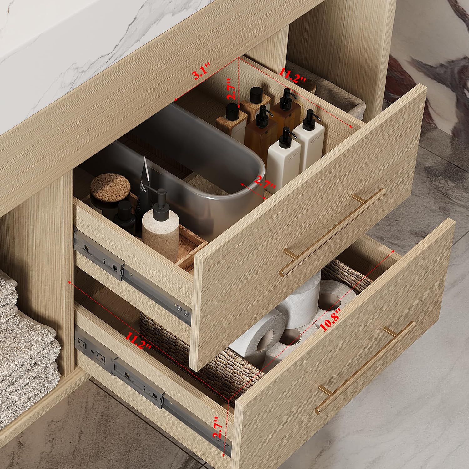 30 inch Modern Floating Bathroom Vanity with Sink, Wall Mounted Bathroom Cabinet with Undermount Ceramic Sink, Sintered Stone Countertop, 2 Soft Closing Drawers & Open Storage Shelf, Natural