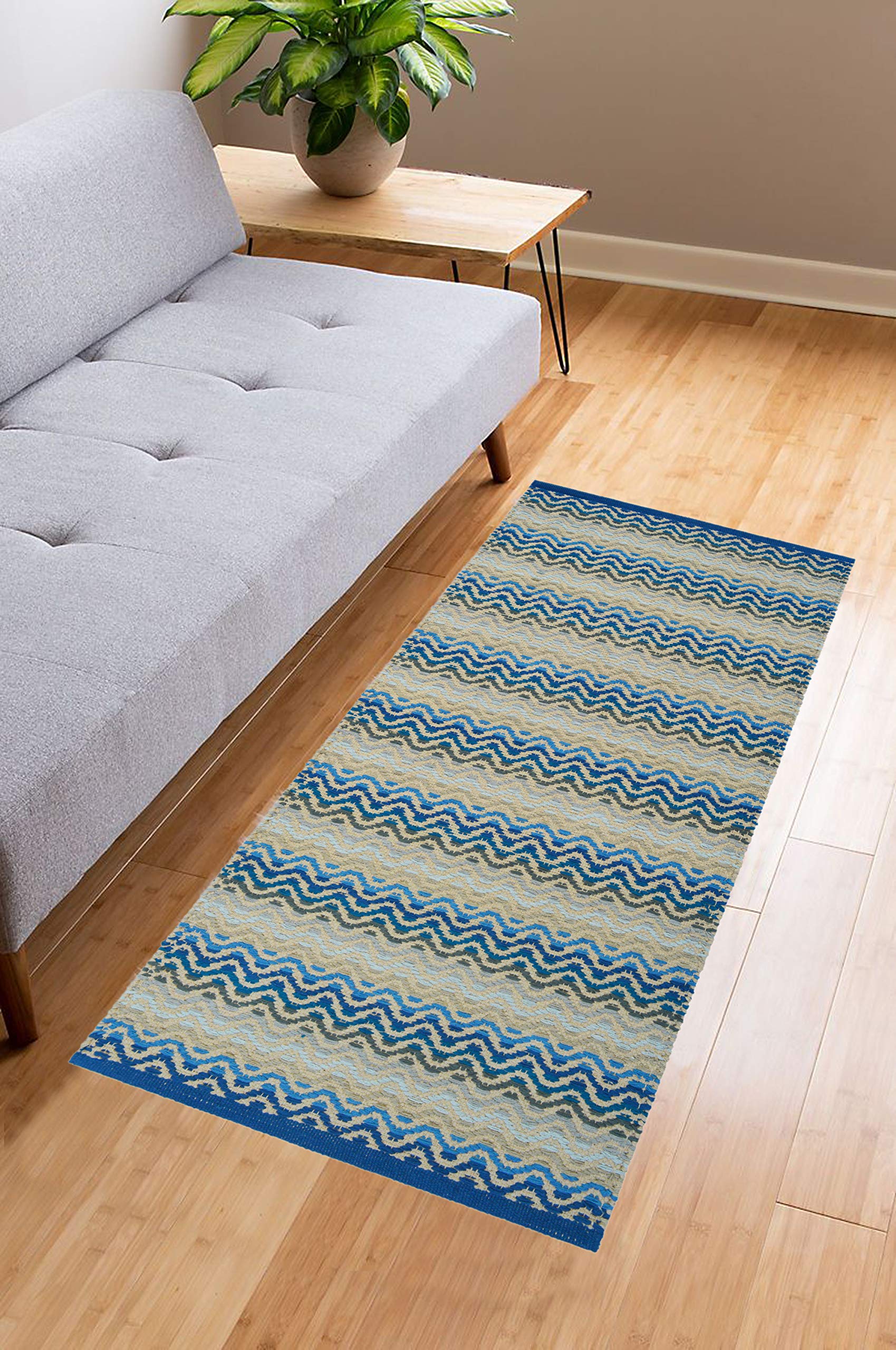 MDZModern Decorative Zone - Hand Woven 100% Cotton Rainbow Wave Rug, Bed Side Runner for Bedroom, Living Room, Passage, Style - Modern, Size - 50 x 120 cm | Eco Friendly (Blue Multi)
