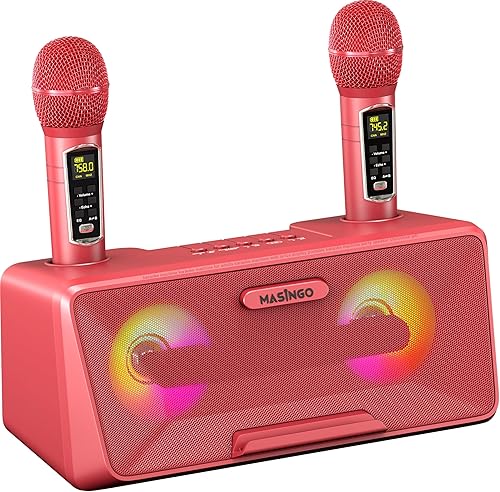 Miniatura 37 de MASINGO máquina de karaoke para adultos y niños, con altavoces Bluetooth portátiles, 2 micrófonos inalámbricos, luces LED, sistema PA y modo karaoke