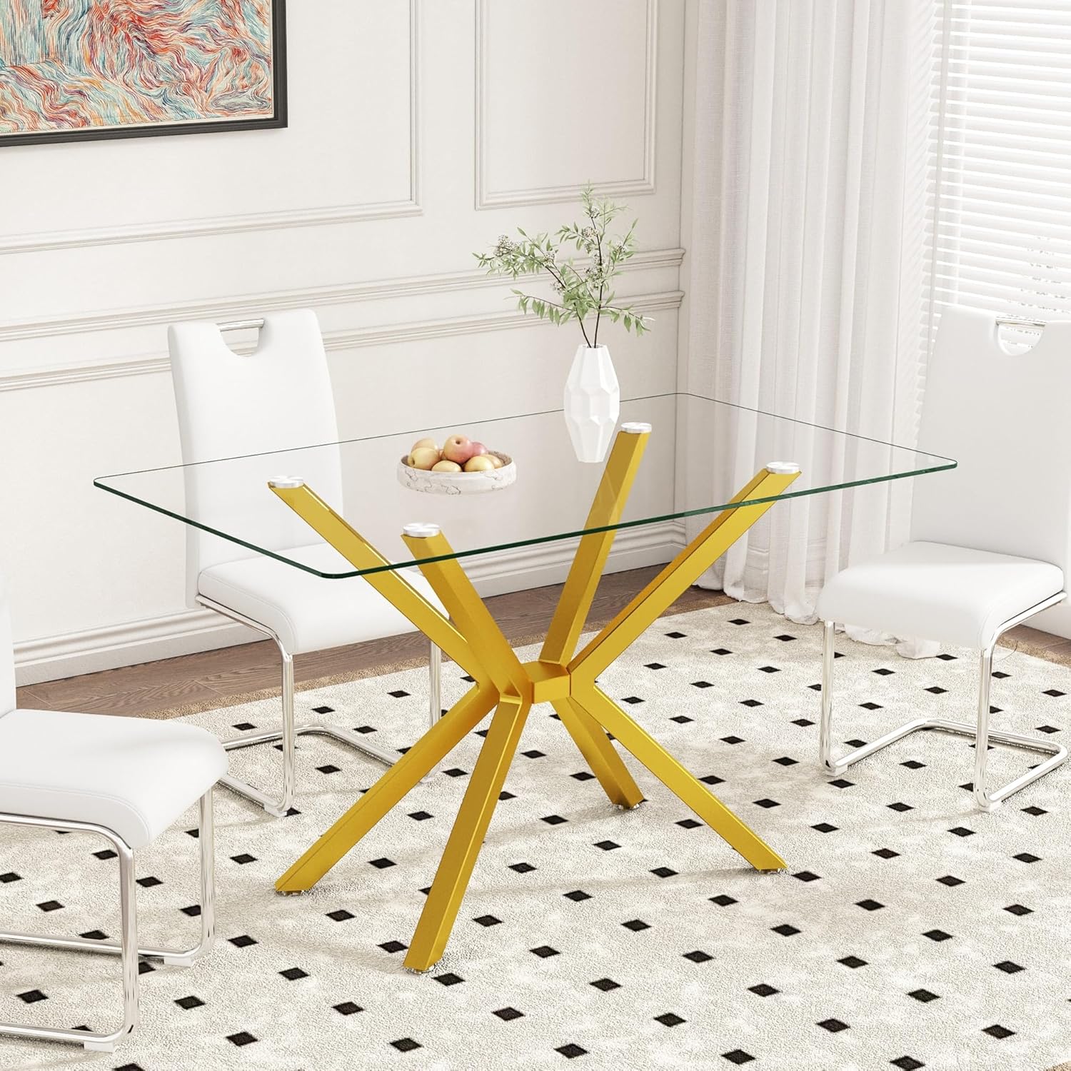 51.18" Rectangular Glass Dining Table, Tempered Glass Kitchen Tabe with Metal Legs, Stylish and Sturdy Dinner Table for Home and Outdoor Dining (Golden, 51.18'')