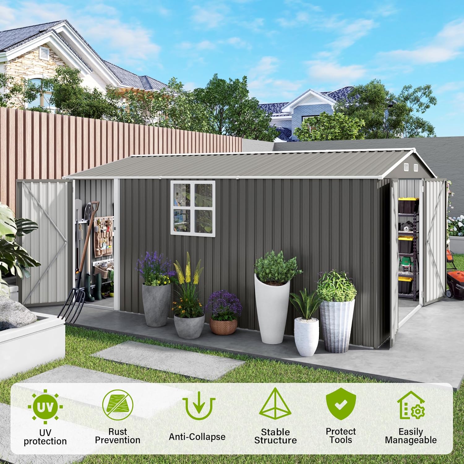 10x14 FT Outdoor Metal Storage Shed with Three Lockable Doors, Clear Window, Gray, All-Weather Shelter for Backyard, Patio, Garden