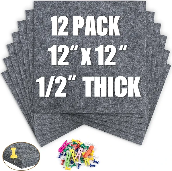 Yettsoy Cork Board Tiles 12" X 12" - 1/2" Thick Square Felt Cork Bulletin Board for Wall, 12 Pack Self Adhesive Notice Pin Board Picture Board with 60 Push Pins for School, Home & Office Decor, Grey