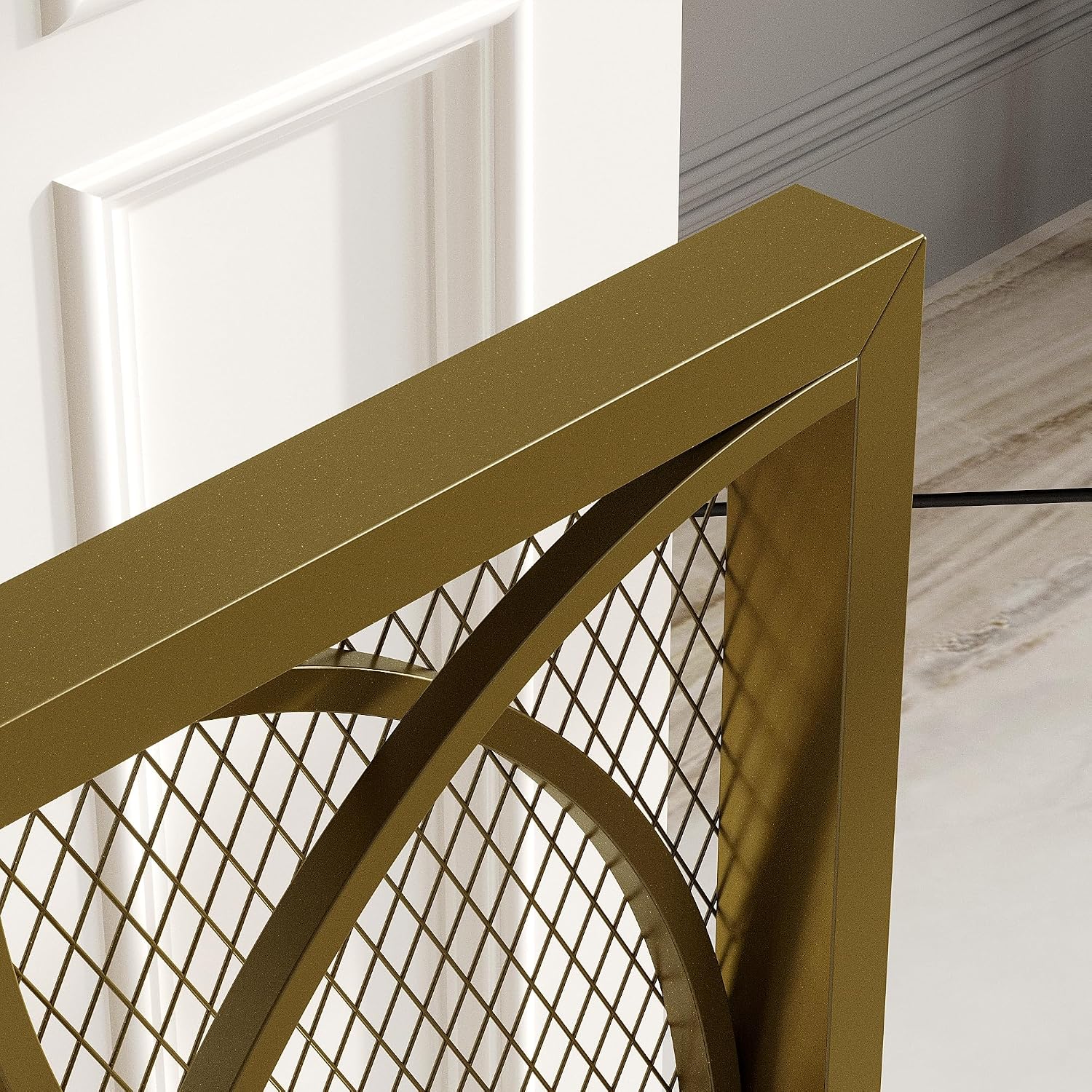 WOODTIME Single Panel Fireplace Screen with Curved Pattern, 40.6 x 31.5 inch Metal Fireplace Guard with Sturdy Feet, Decorative Fire Spark Guard Fence, Gold
