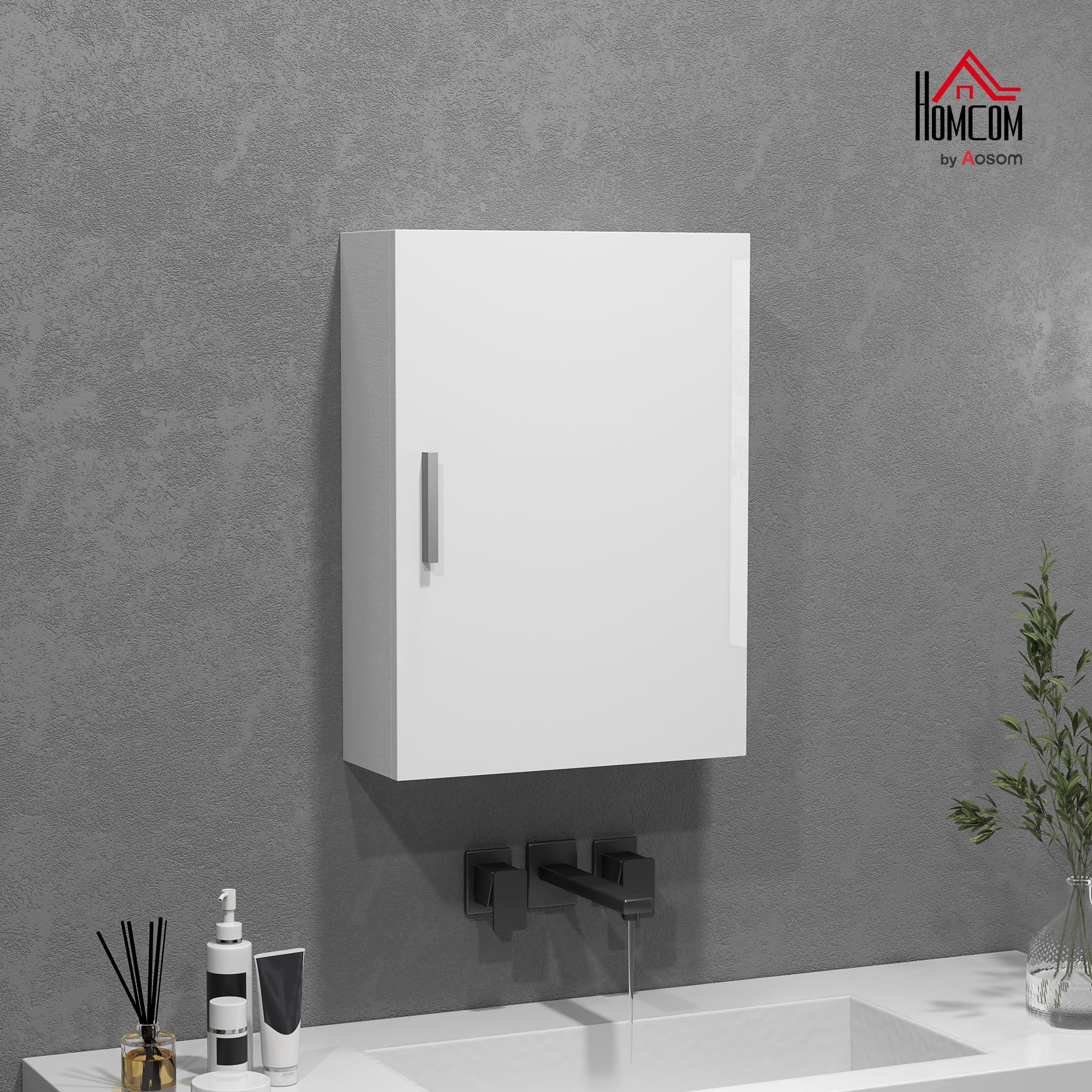 HOMCOM Armario de Baño Pared, Mueble de Baño Colgar con Estantes Ajustables de Vidrio Templado, Ahorro de Espacio, Armario Multiusos para Colgar para Entrada, 40x15x55 cm, Blanco Brillo
