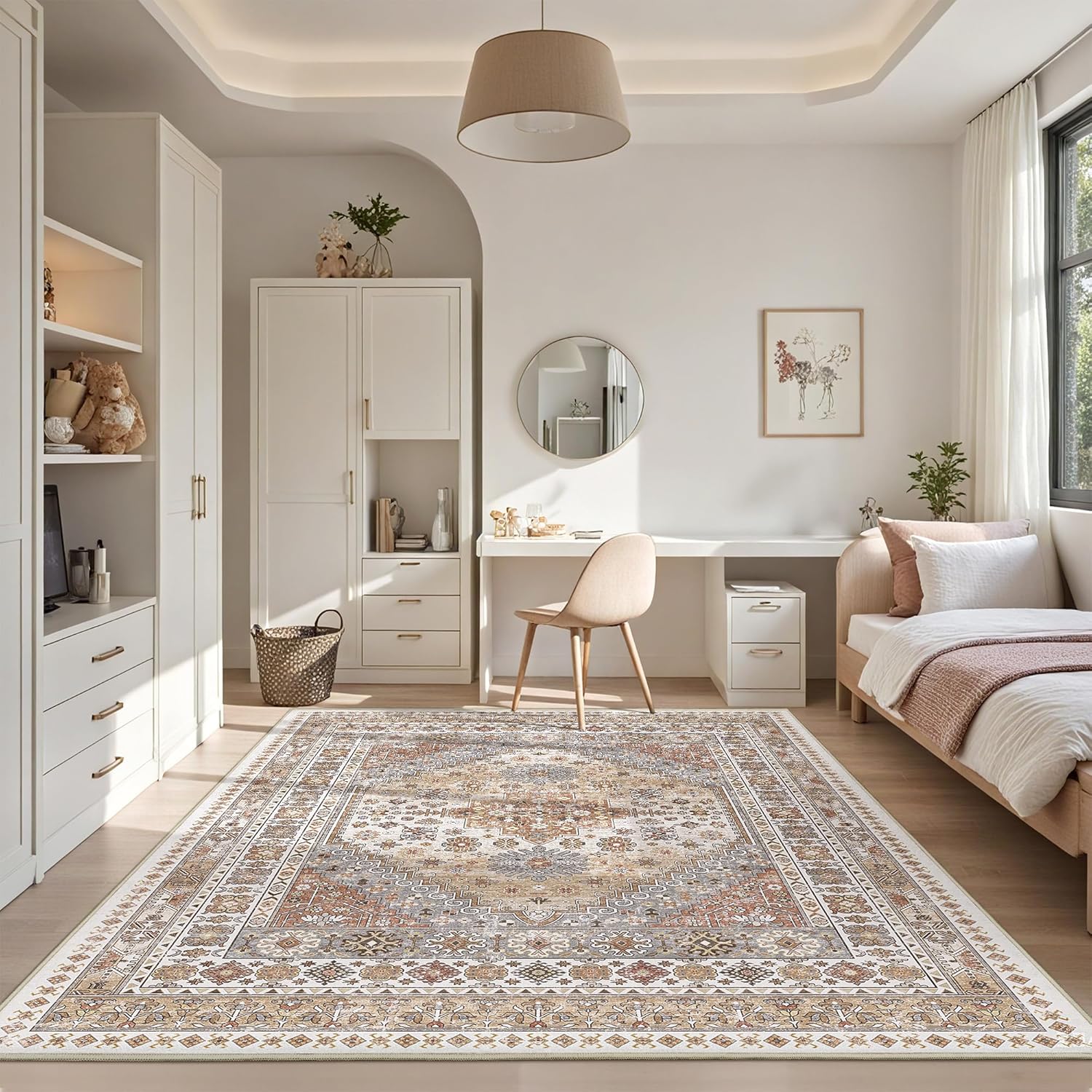 Area Rugs 5x7, Ultra-Thin Washable Rugs for Living Room, Anti-Slip Backing Area Rug for Bedroom, Soft Floral Vintage Home Decor Rug for Dining Room(Orange,5'x7')