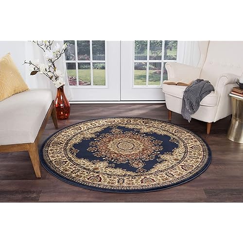 Fiona Traditional Oriental Navy Round Area Rug, 5' Round