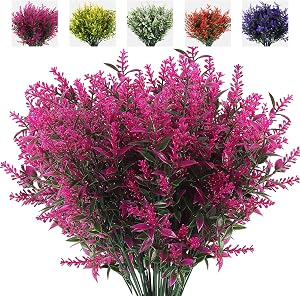 RECUTMS 8 Bundles Artificial Flowers Fake Outdoor Plants Faux UV Resistant Lavender Flower Plastic Shrubs Indoor Outside Hanging Decorations (Fuchsia) | 13.8",UV Resistant Greenery,Plastic Shrubs,Faux Ferns,Spring Summer Decor,Indoor/Outdoor Hanging 