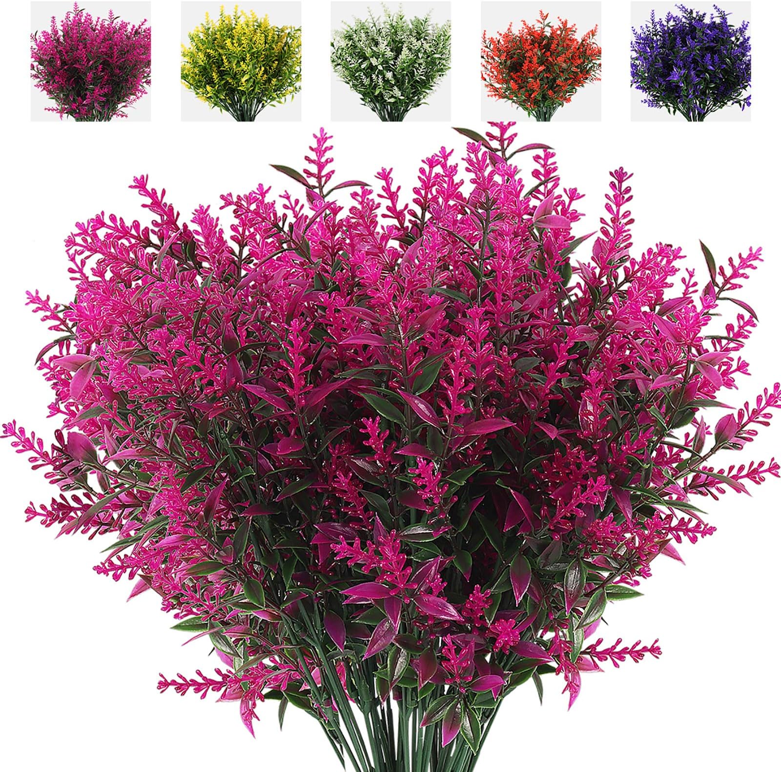 RECUTMS 8 Bundles Artificial Flowers Fake Outdoor Plants Faux Lavender Flower Plastic Shrubs Faux Flowers Fake Ferns Winter Artificial Fowers for Outdoors Indoor Outside Hanging Decorations (Fuchsia)