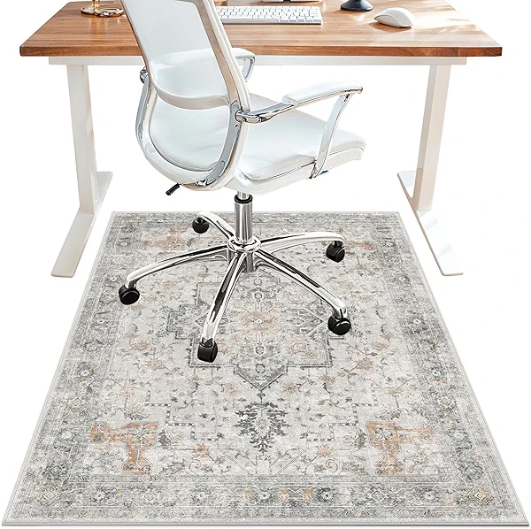 48"x60" Office Chair Mat for Hardwood Tile Floor, Under Desk Carpet Protector for Rolling Computer Chair Mat, Machine Washable Area Rug, Anti-Slip 1/5" Thick Low Pile Thin Vinyl Floor Mat, Taupe