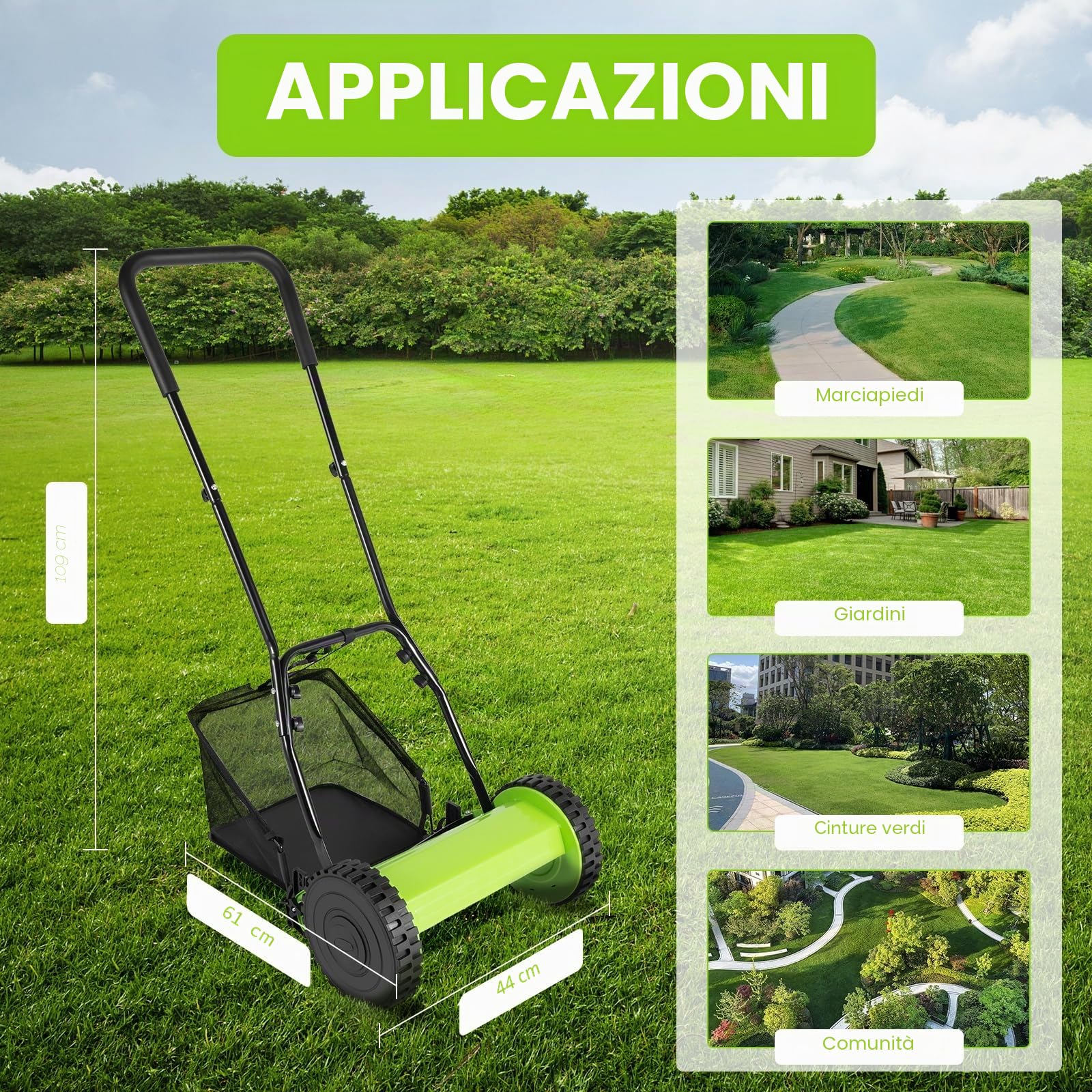 Tagliaerba manuale con larghezza di taglio di 300 mm, tosaerba con 5 lame, 23 l, capacità massima di 12-45 mm, altezza di taglio regolabile