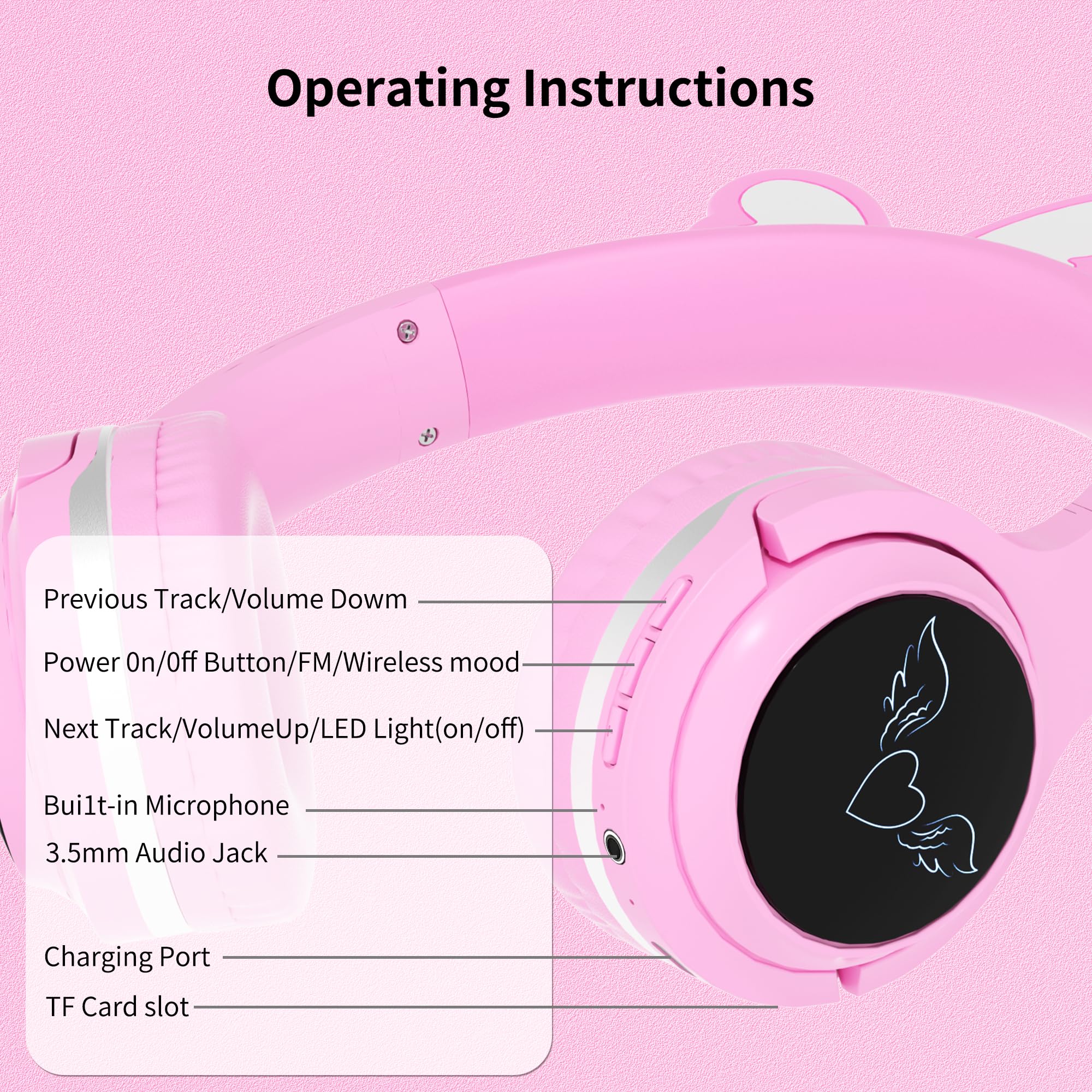 Cuffie wireless per bambini, volume limitato 85 dB, luci LED, batteria 40H, farfalla rosa