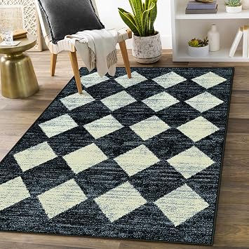 Lahome Zelie Moroccan Trellis Area Rug - 3x5 Washable Black Entry Rug Non Slip Living Room Mat, Distressed Lattice Soft Stain Resistance Indoor Throw Carpet for Front Door Foyer Bedroom Bathroom