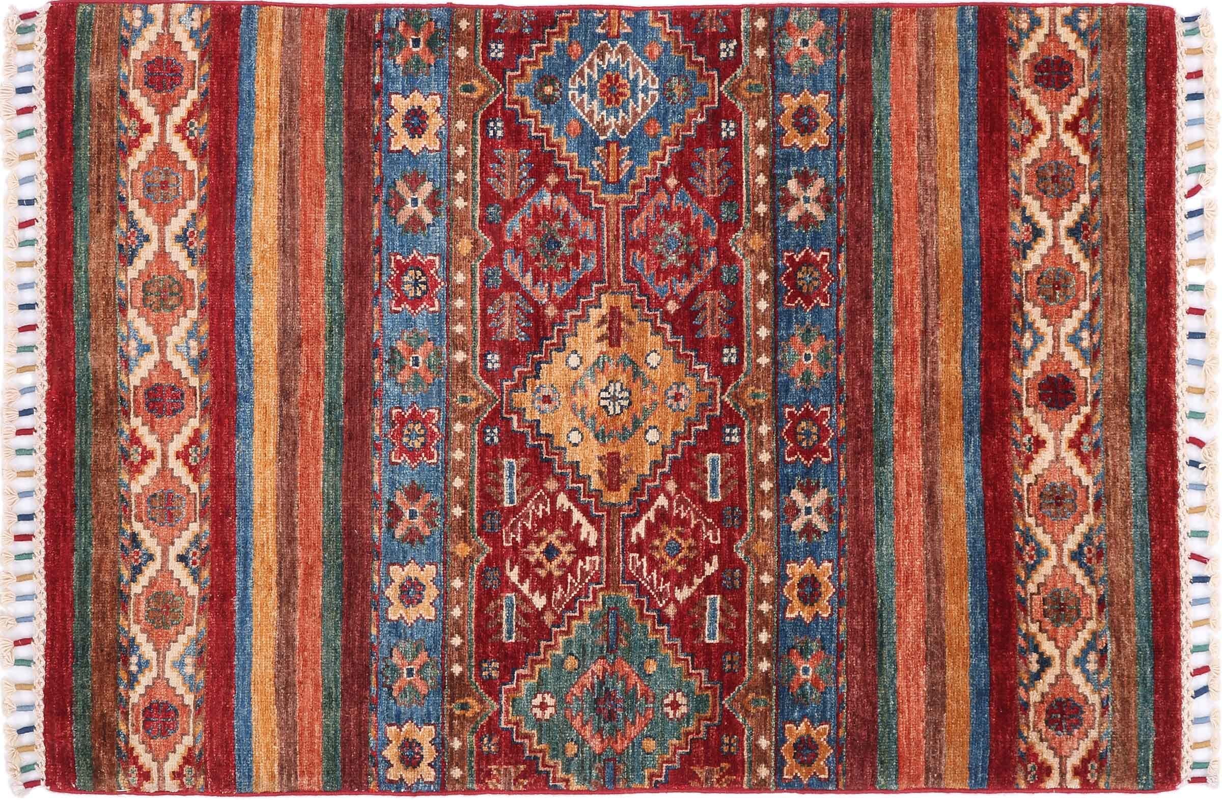 Tapis afghan Ziegler Khorjin rouge à rayures - Tapis en laine tissé main