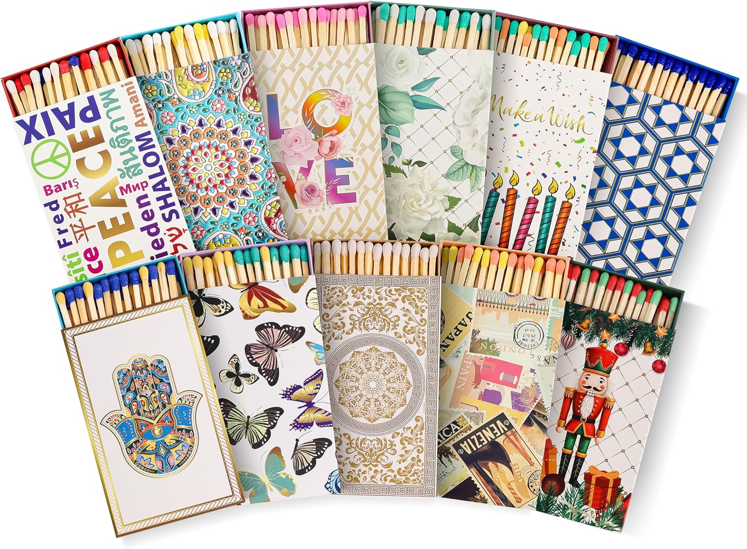 Decorative Matches Box -4-Inch Long Matches for Candles with Strike - Wooden Colorful Candle Sticks with Rainbow Tips - 50 Pc Match Sticks - Matchbox Designs of Your Choice (6 Unique Box Designs)