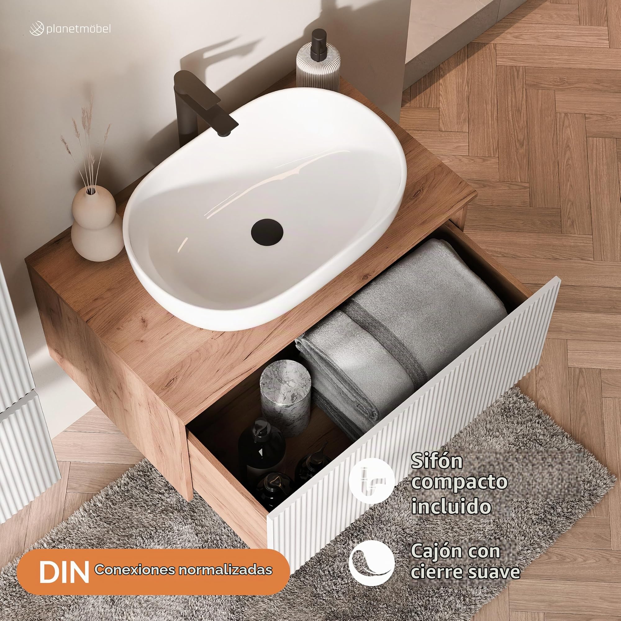 Planetmöbel Arisa - Conjunto de muebles de baño con mueble bajo, 80 cm, color roble dorado blanco (estriado) con espejo LED y mueble alto, lavabo de 60 cm, color: Blanco