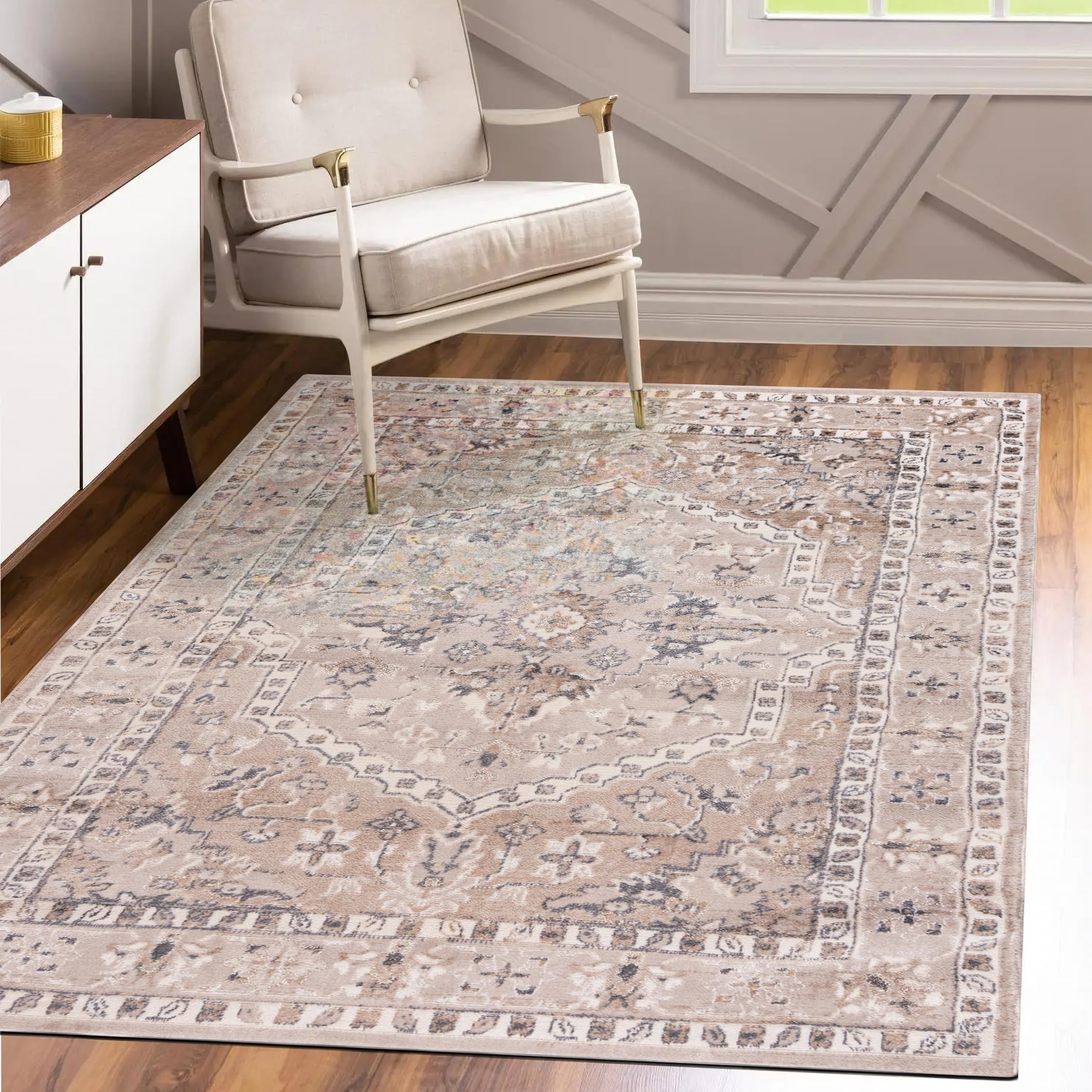 Mazovia Vloerkleed Oosters - Tapijt Kortstondig Pooltje - Tapijten Traditioneel Oosters Patroon - Decoratie Tapijt Woonkamer, Slaapkamer, Eetkamer - OEKO-TEX Carpet - Rug 140x200cm - Beige Grijs