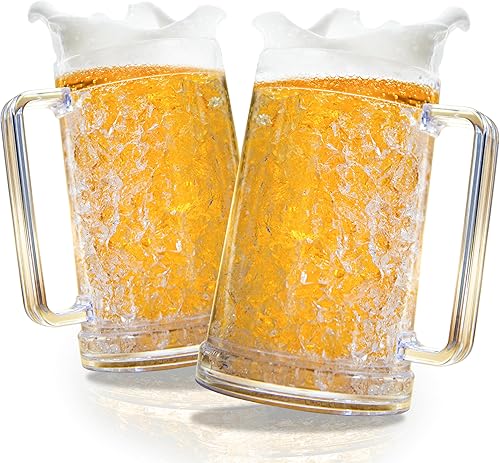 Tazas de cerveza congelada (juego de 2), tazas de congelador de gel de doble pared de 16 onzas con asa, vaso de hielo helado acrílico para bebidas