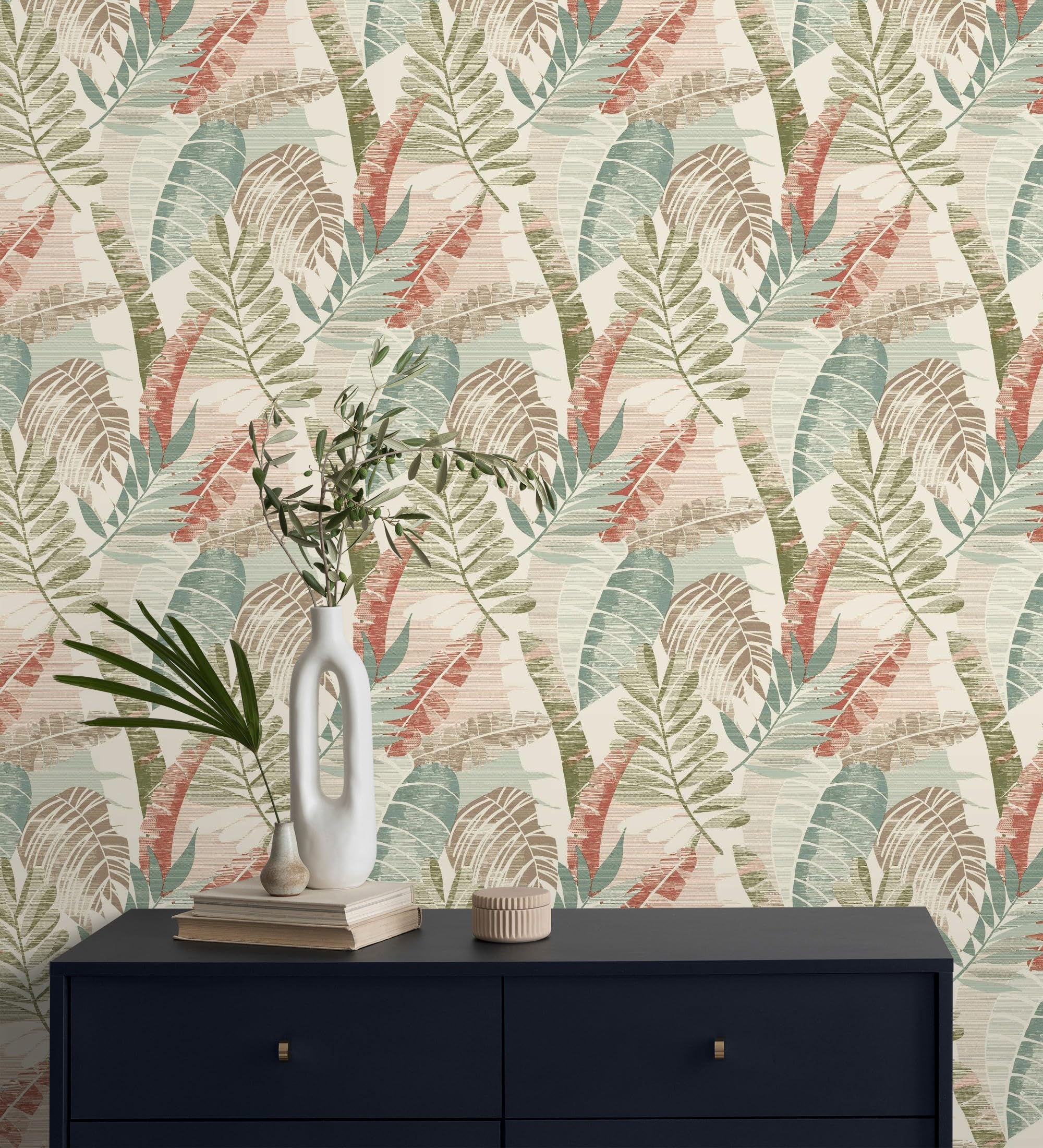 GAULAN 682819 - Papel pintado de hojas tropicales tonos verdes terracota claro y marfil para pared salón dormitorio pasillo comedor - Rollo de 10 m x 0,53 m