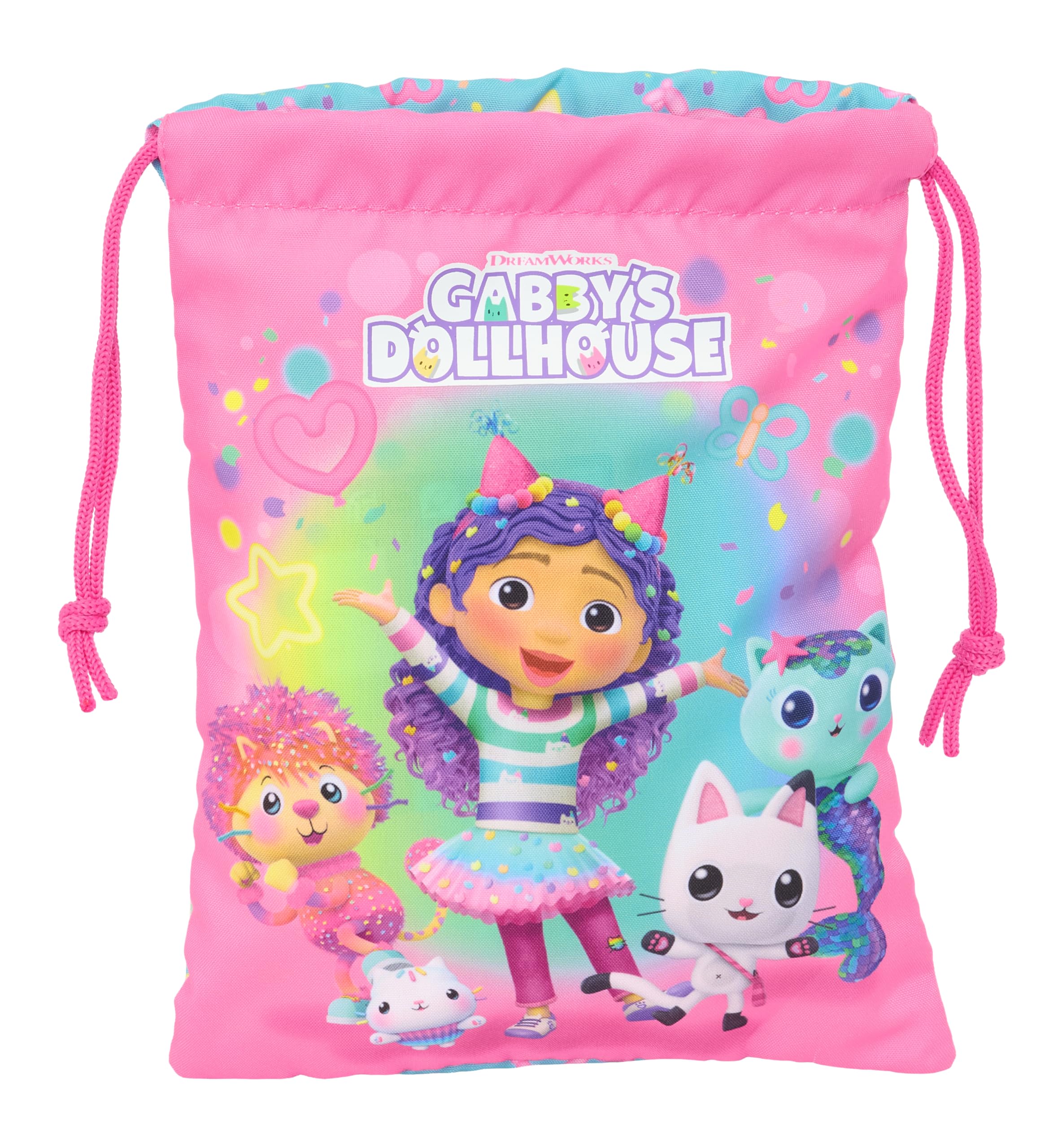 safta GABBY'S Dollhouse Confetti Snack Bag, Tote Bag, Quality & Maximum Strength, Lunch Holder, 20 x 25 cm, Pink/Turquoise, M, Casual, Pink/Turquoise, M, Casual