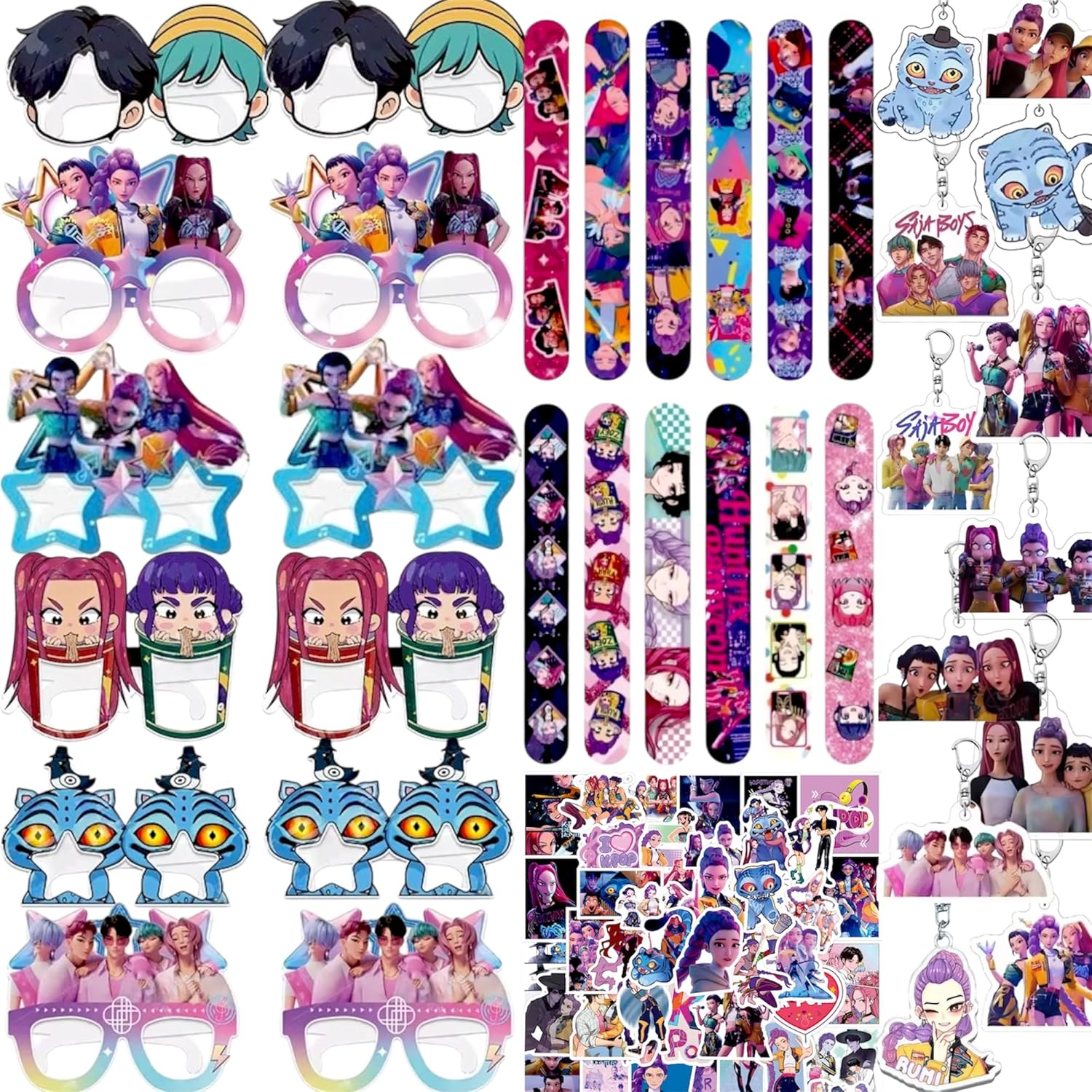 Party Favor Set with 12 Keychains, 12 Eyeglasses, 12 Snap Bracelets, 50 Stickers, Animated Character theme