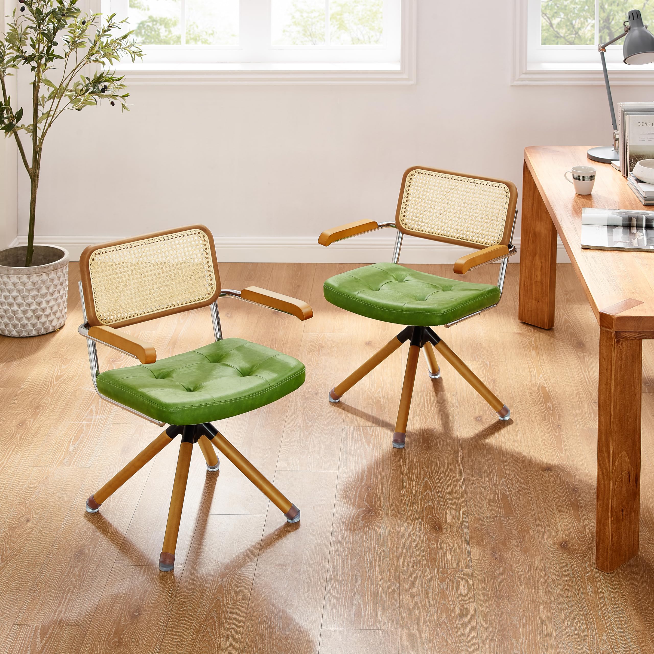 Zouron Silla de Comedor de Estilo Moderno (Respaldo de ratán), Silla giratoria 360° (tapizado en Piel sintética), sin Ruedas, Verde