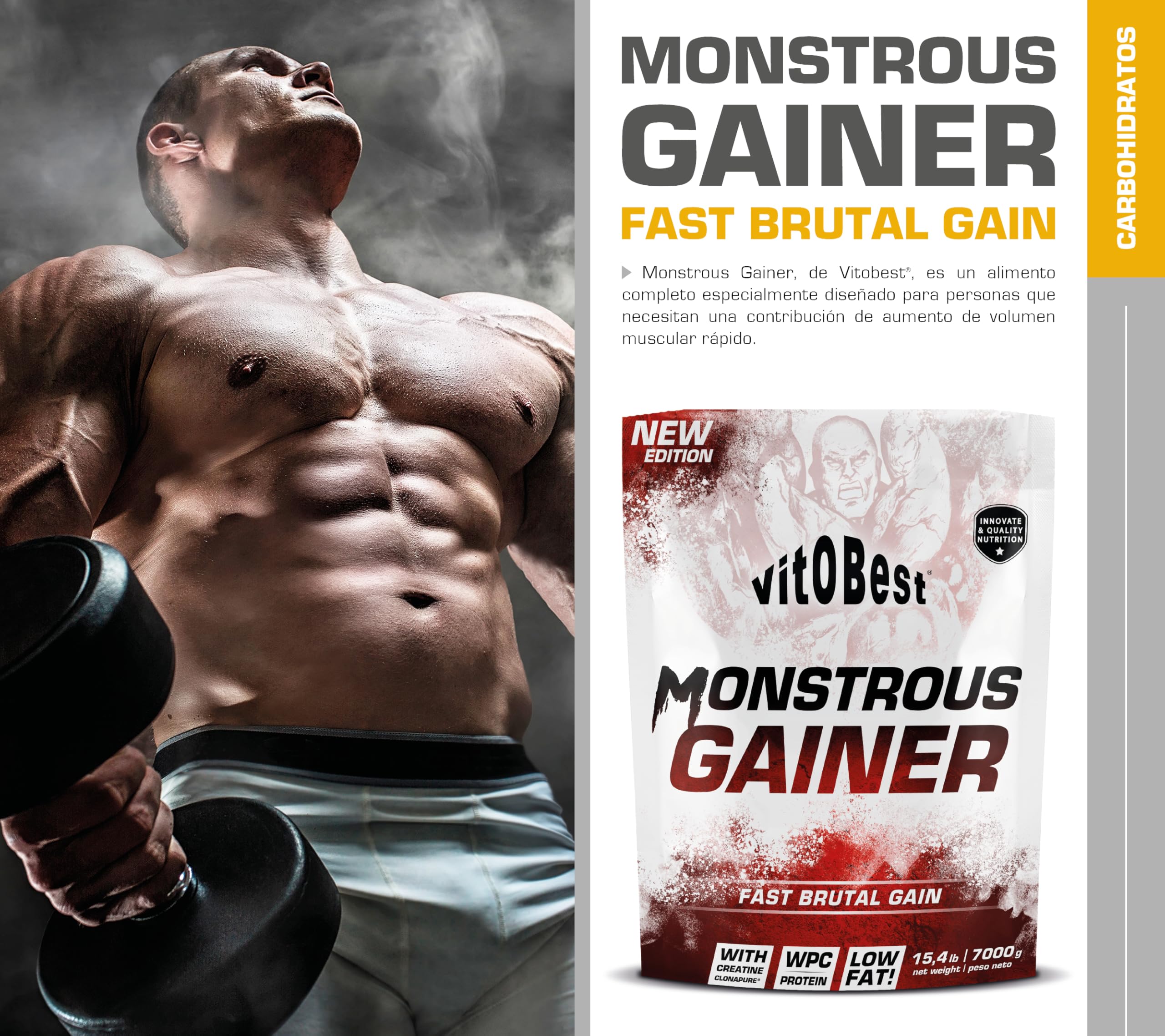VITOBEST | Carbohidratos Monstrous Gainer | Contribuye a aumentar la masa muscular y el peso corporal | Carbohidratos + proteína WPC + Creatina Clonapure® Sin gluten | Sabor Chocolate - 3 kg