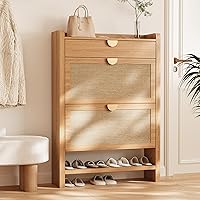 INNODToddlerTower Rattan Narrow Shoe Cabinet with 2 Flip Drawers - Hidden Entryway Organizer, Natural Oak Shoe Rack for Hallway Closet