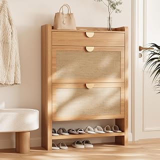 INNODToddlerTower Rattan Narrow Shoe Cabinet with 2 Flip Drawers - Hidden Entryway Organizer, Natural Oak Shoe Rack for Hallway Closet