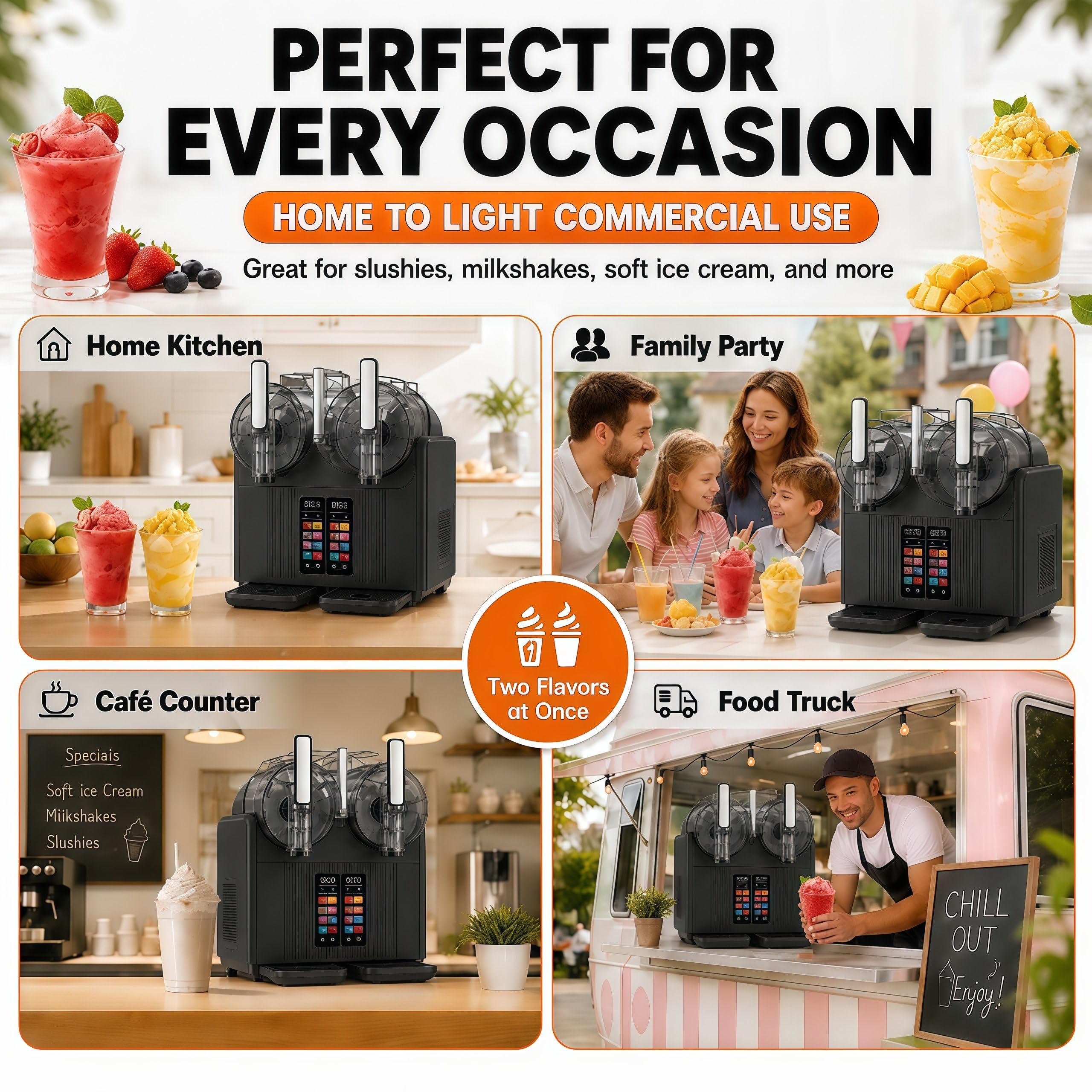 Máquina de Helado Soft y Granizadora Profesional 2 en 1, Máquina de Granizados de 2 Tanques Transparentes con Panel Táctil, Dispensador de Sorbete y Smoothie para Casa y Cafetería Black