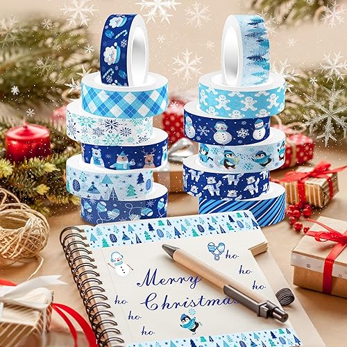 Miniatura 5 de Cinta Washi de Navidad, 12 rollos de cinta washi de copo de nieve, muñeco de nieve, juego de cinta de embalaje, cinta adhesiva adhesiva de papel