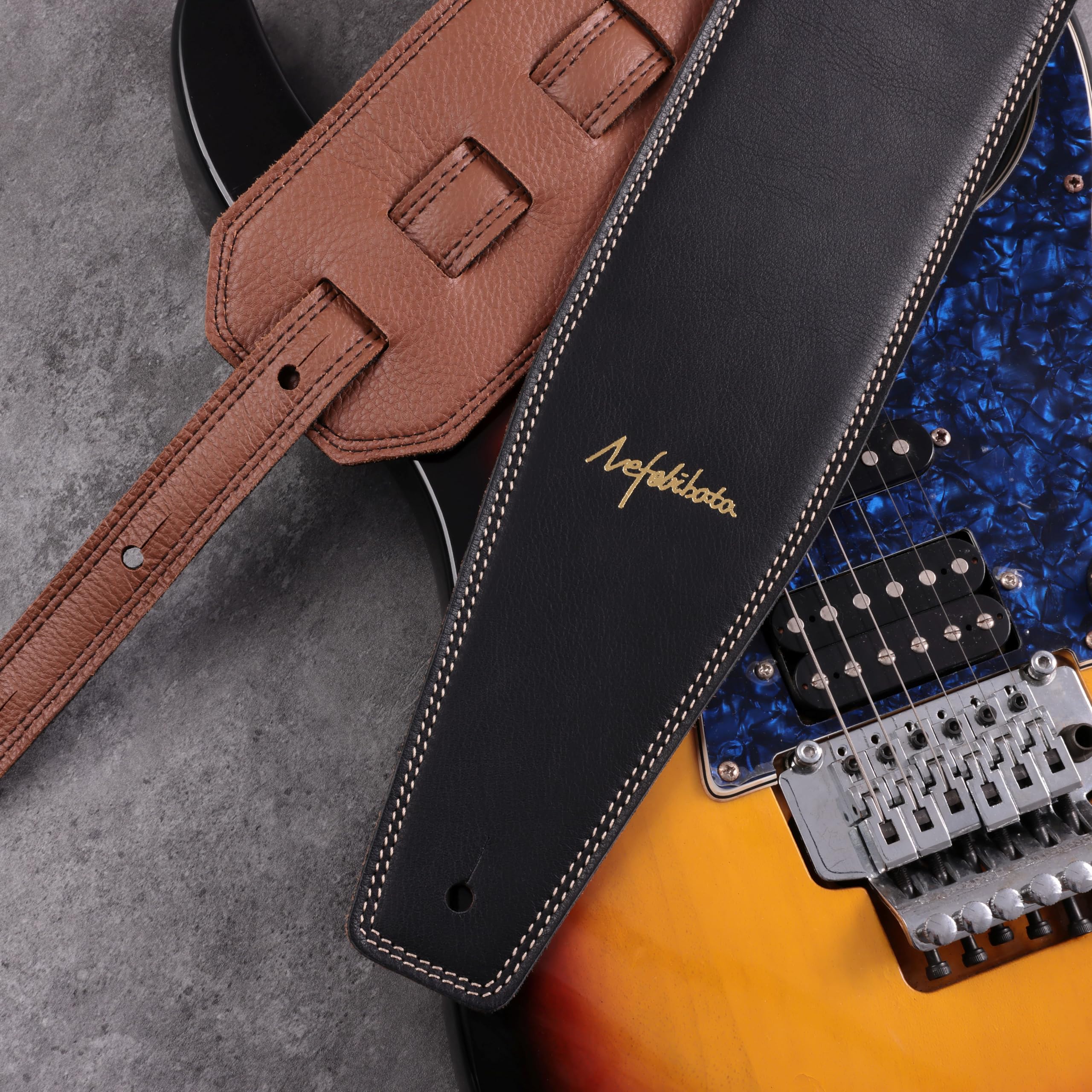 Nefelibata Sangle de guitare de 9,7 cm de large, en cuir pleine fleur, avec rembourrage en mousse pour guitares basses, électriques et acoustiques