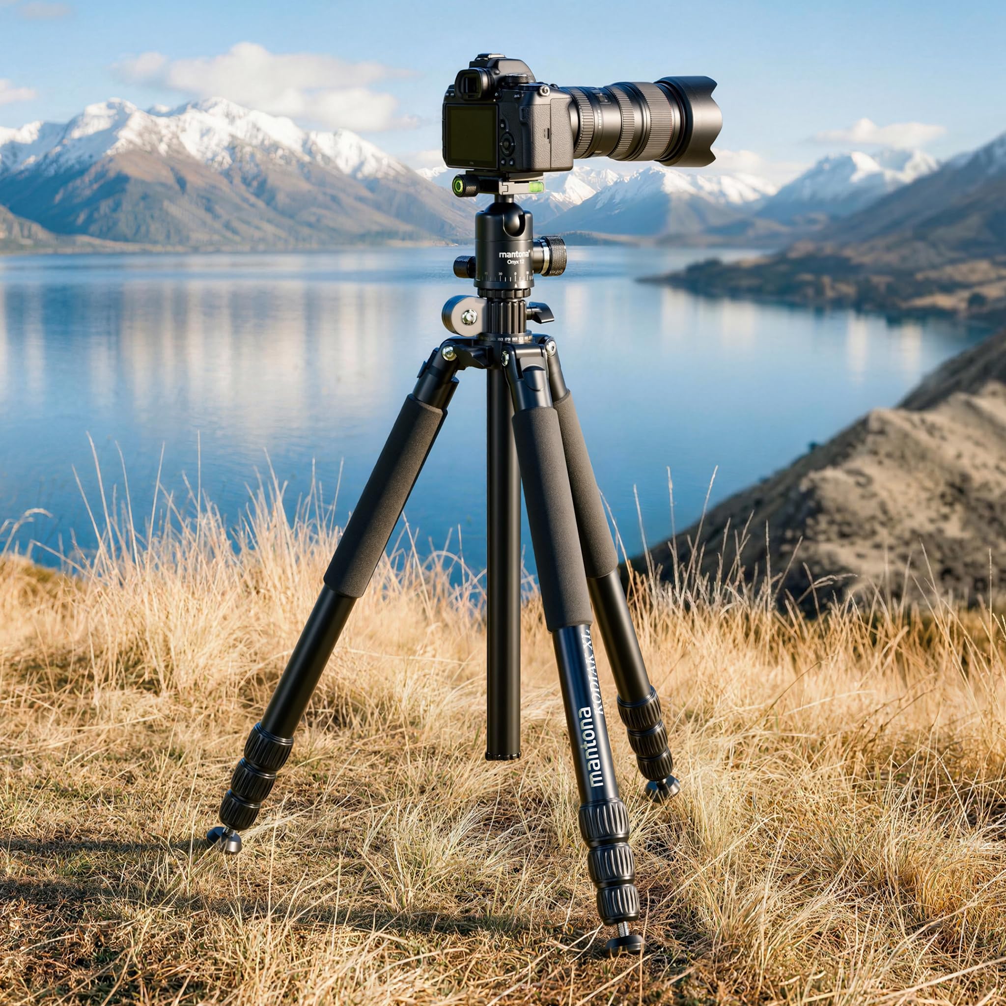 Mantona Kodiak XL 324 + Onyx 12 – zestaw statywu fotograficznego z głowicą kulową z aluminium i płytką szybkiej wymiany kompatybilną z systemem Arca Swiss