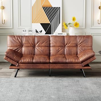 Futon Sofa Bed Convertible Couch, Brown Faux Leather Sofa Bed with Memory Foam, Adjustable Backrest & Armrests, Multifunctional Small Loveseat Sleeper Sofa for Living Room, Apartment, Office