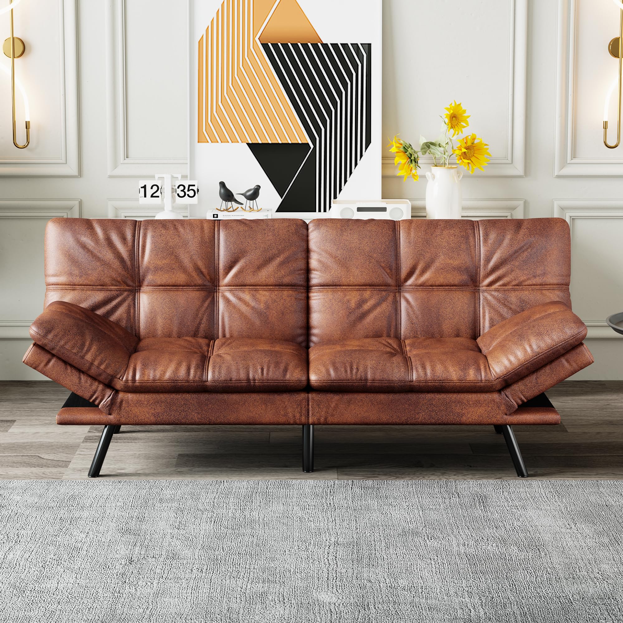 AMICLIBER Futon Sofa Bed Convertible Couch, Brown Faux Leather Sofa Bed with Memory Foam, Adjustable Backrest & Armrests, Multifunctional Small