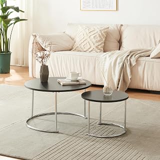 [a.casa] Coffee Table Christchurch, Set of 2 Living Room Tables, Round Black Table Set, Side Table with Metal Frame