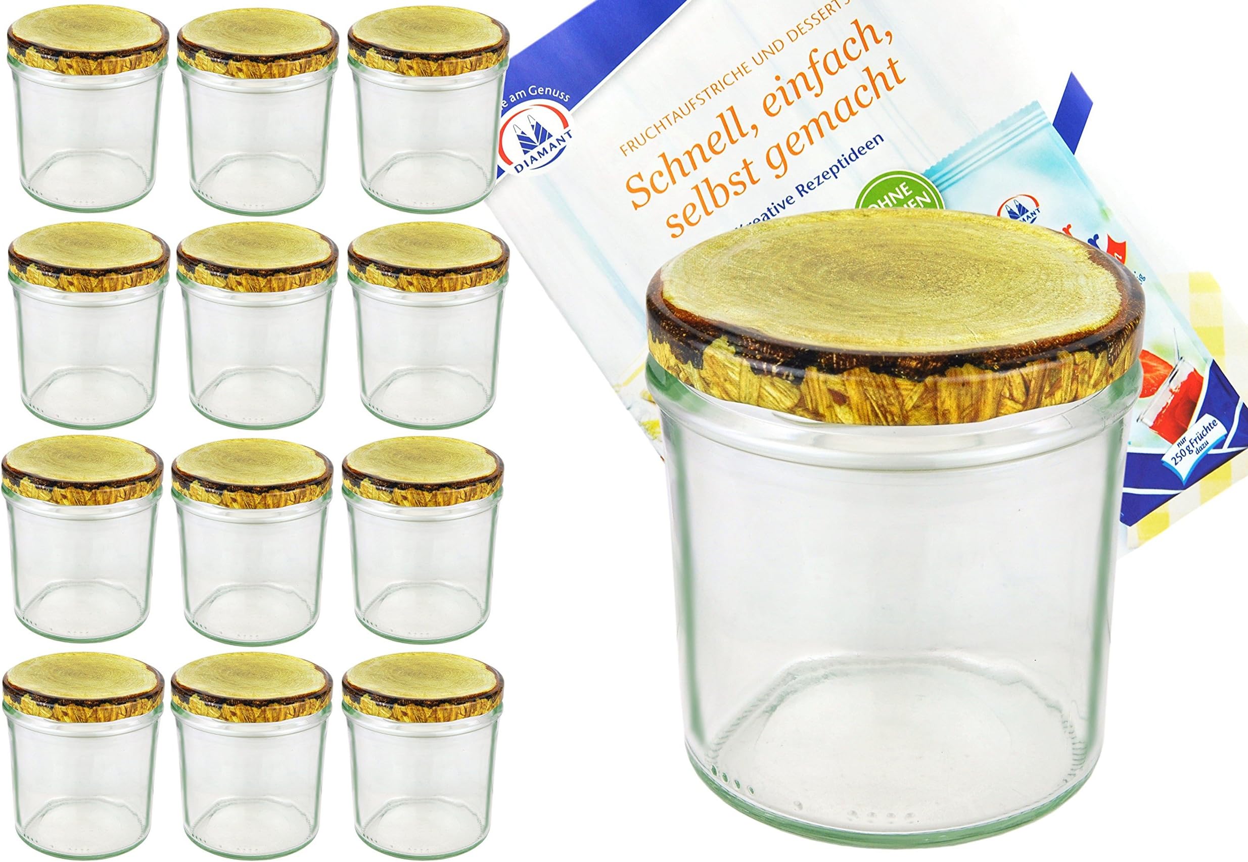 Set of 12 Jam Jars Jars 350 ml 82 Wooden with Lids Set Includes Diamond Sugar Gelier Magic Recipe