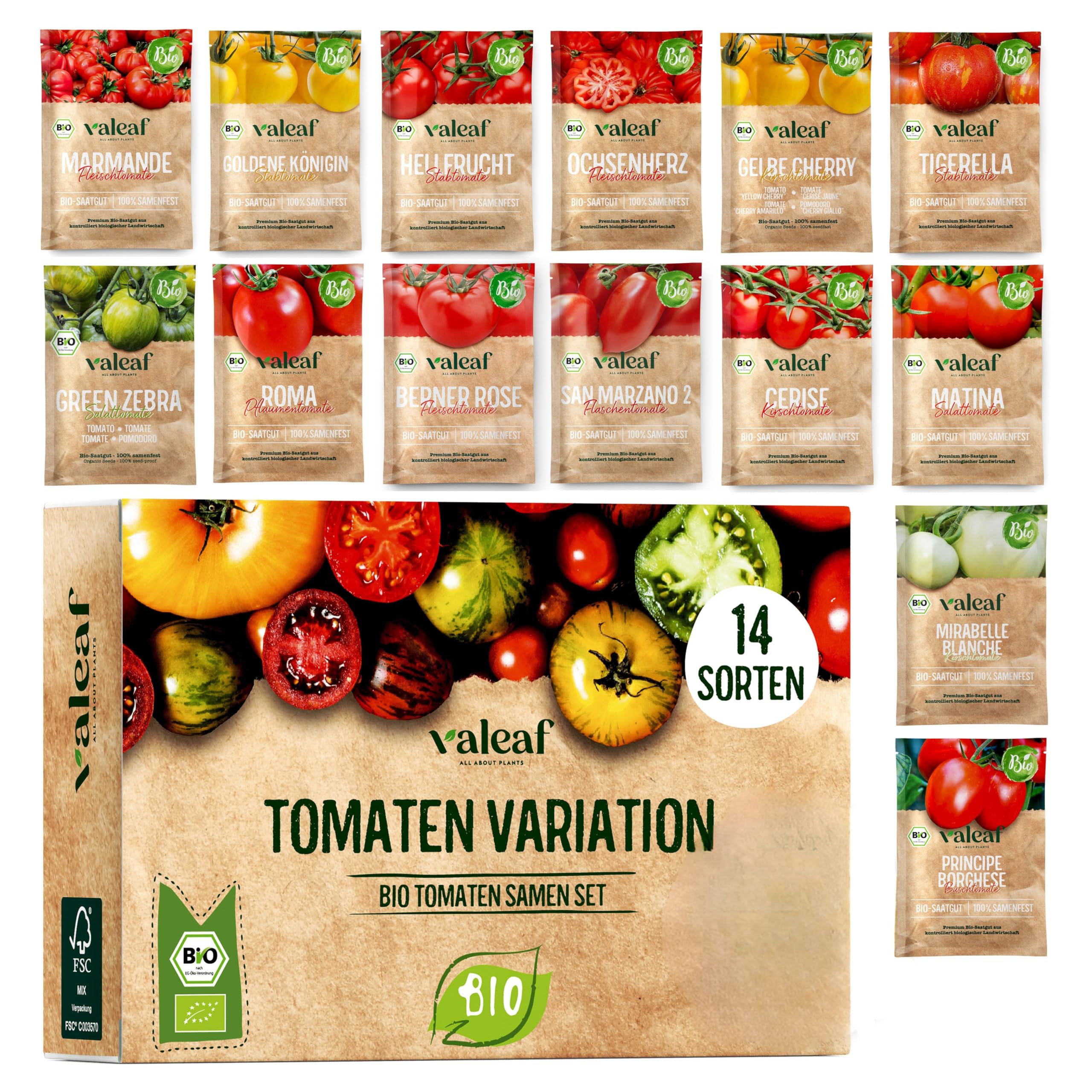 BIO Tomaten Samen Set - 14 Sorten Tomatensamen aus biologischem Anbau, samenfestes Tomaten Saatgut, Bio Tomatensamen Set für Küche, Balkon oder Garten, 14er Pflanzensamen Set