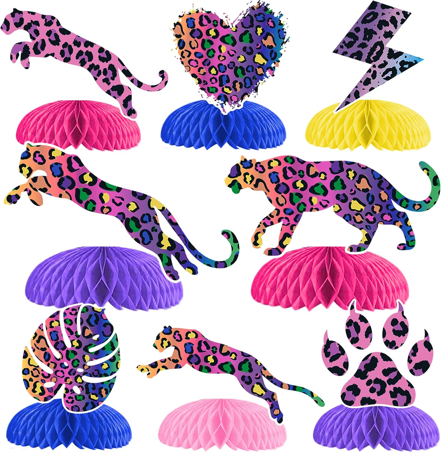 12Pcs Cheetah Print Honeycomb Centerpieces Rainbow Neon Leopard Table Centerpieces with Paw Print, Heart, Lightning Bolt for 80s 90s Retro Party, Animal Print Birthday, Bachelorette